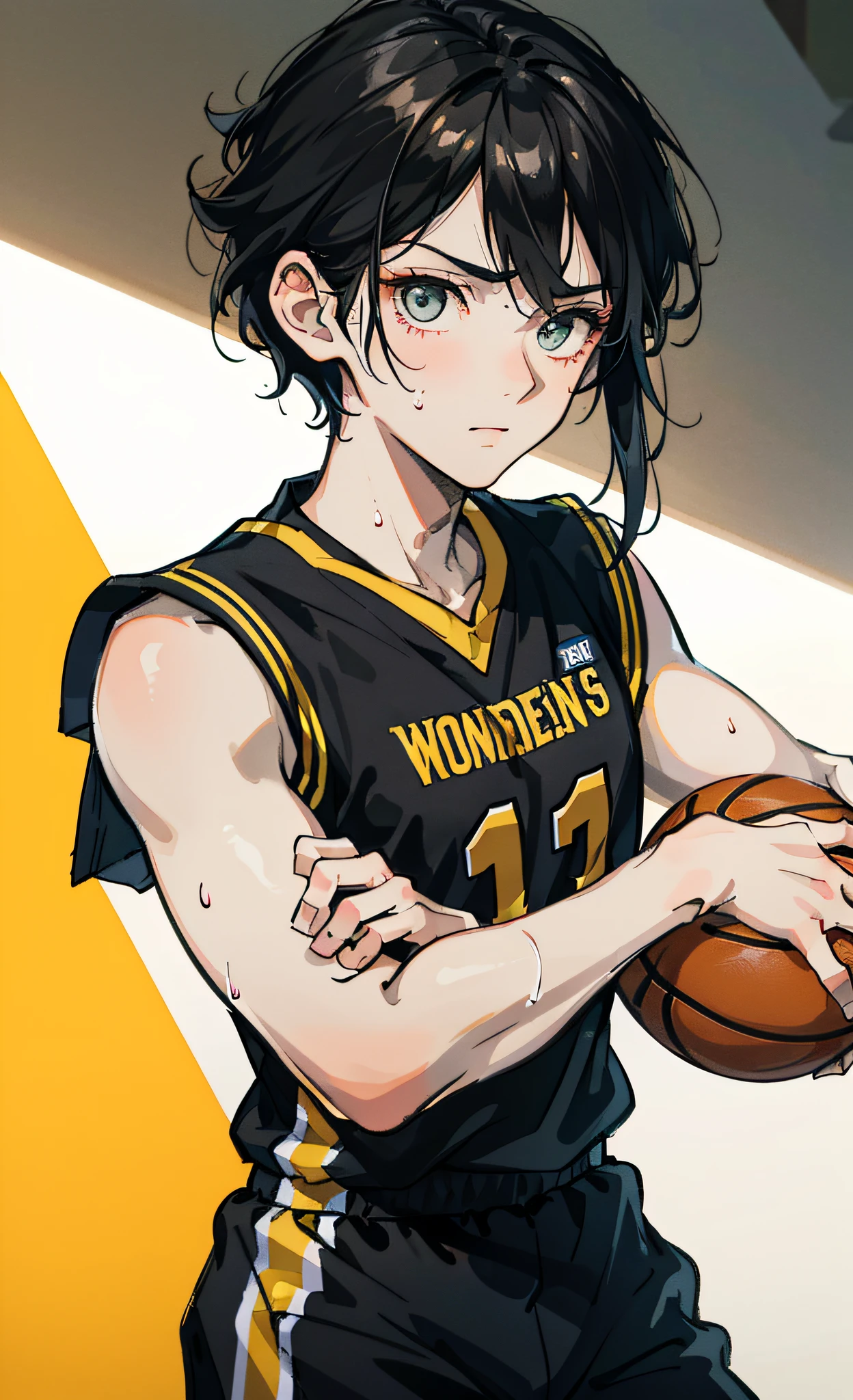 Teenage male, short black hair, wearing basketball jersey, hands clenched in fists straight, sweaty, bright eyes, momentum, perseverance, front portrait shot, side light 8K