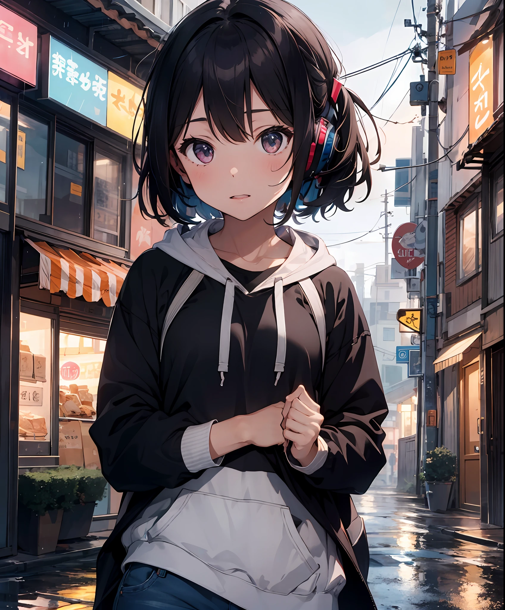 Anime girl with headphones walking down a street in the rain - SeaArt AI