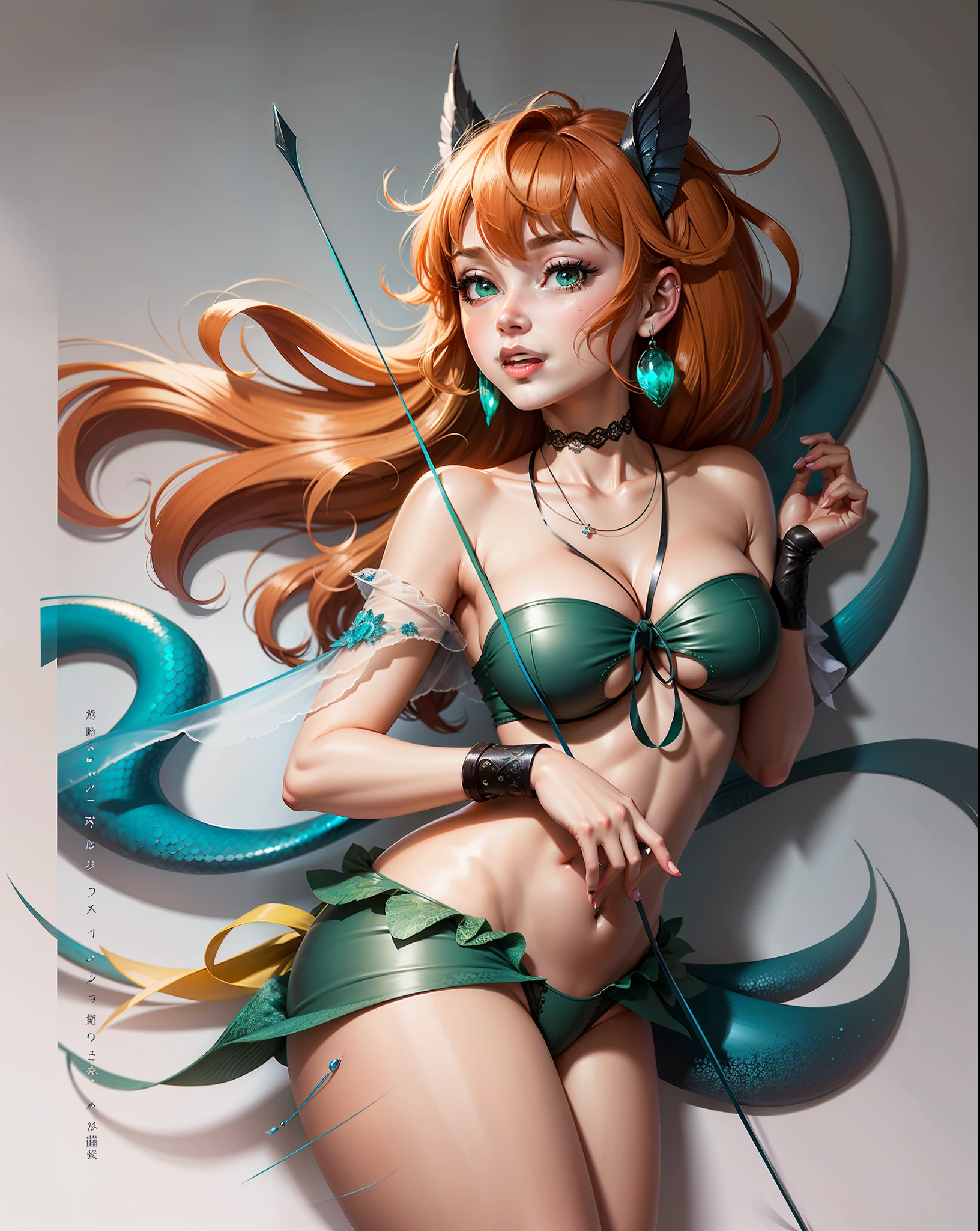 (masterpiece),(best quality:1.0), (ultra highres:1.0), detailed illustration, 8k, anime, 1girl, sexy anime girl, busty, (big breasts: 1.2), green bikini top, mermaid bottom, earrings , intricate details, emerald eyes, detailed eyes, orange hair, detailed hair detailed, highlights on hair, smiling, perfect lips, sexy curves, seductive, anime style, best quality, detailed