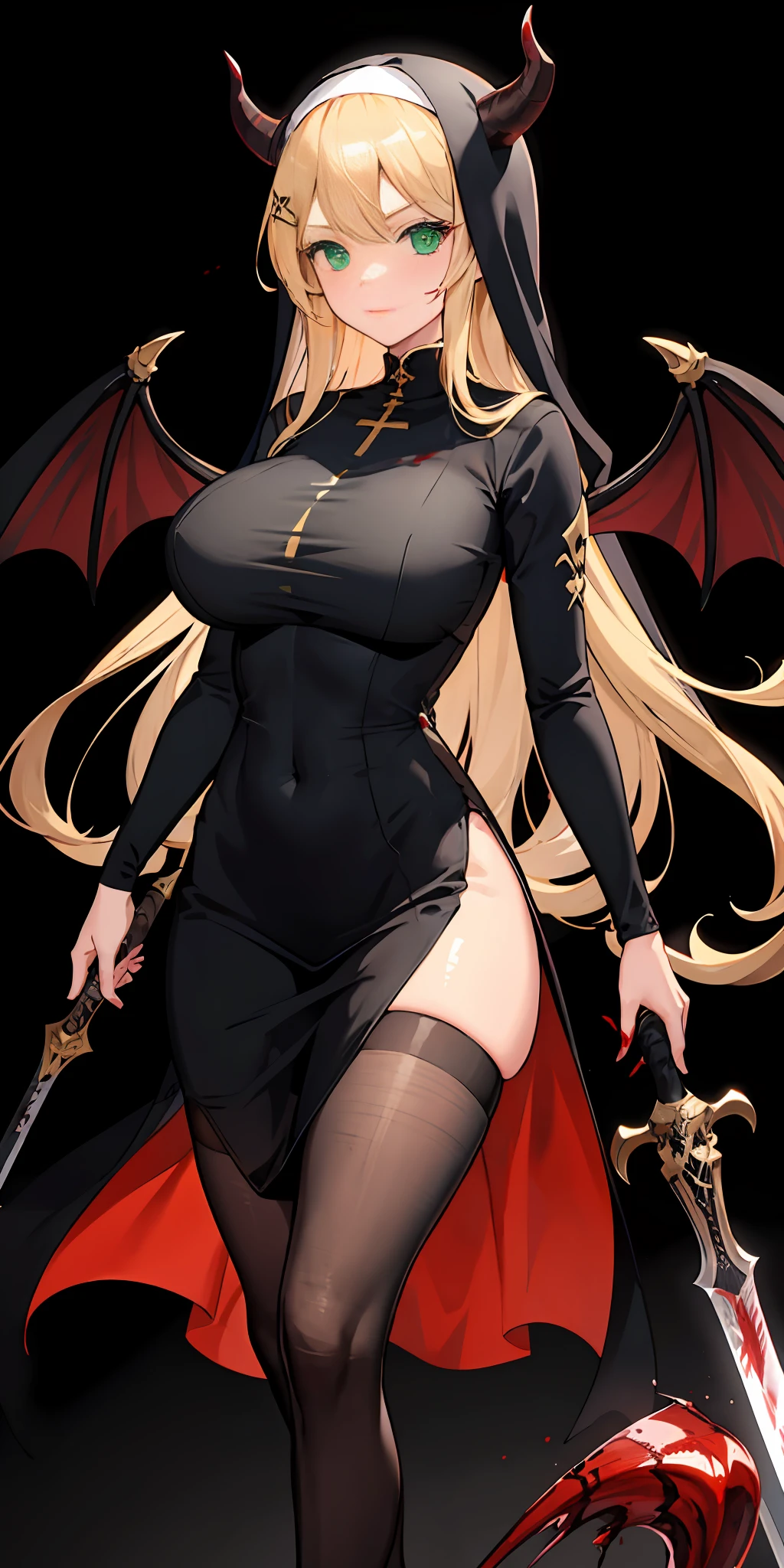 1girl, blonde hair, nun, black silk, big breasts, giant demon wings, huge demon horn, big sword, heterochromic eyes (red and green), blood fighting
