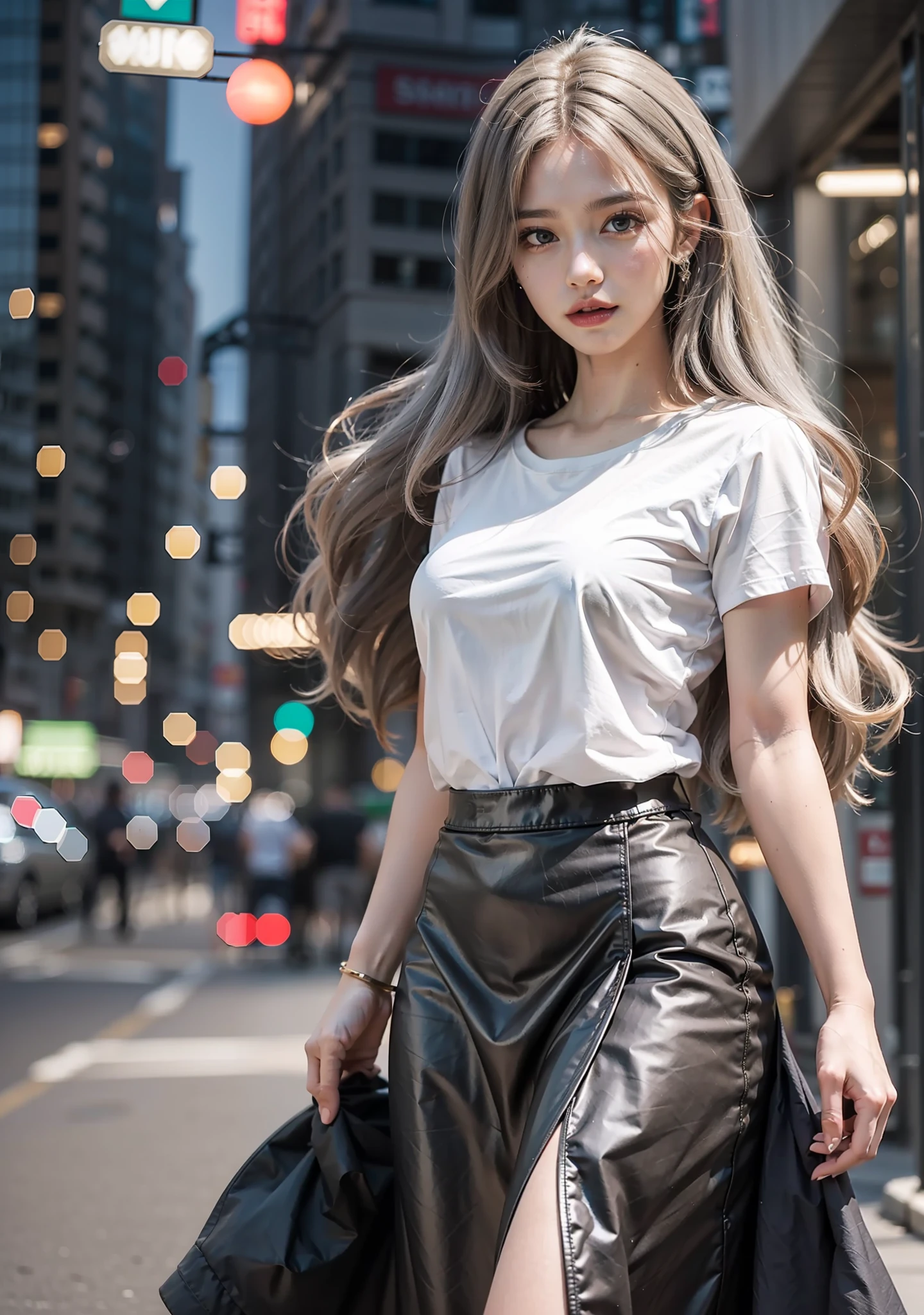 masterpiece, best quality, realistic, highly detailed, 1girl, solo, cowboy shot, preaty girl, long hair, grey hair, hair between eyes, T-shirt, holding phone, long skirt, medium breasts, standing, city, outdoors, night