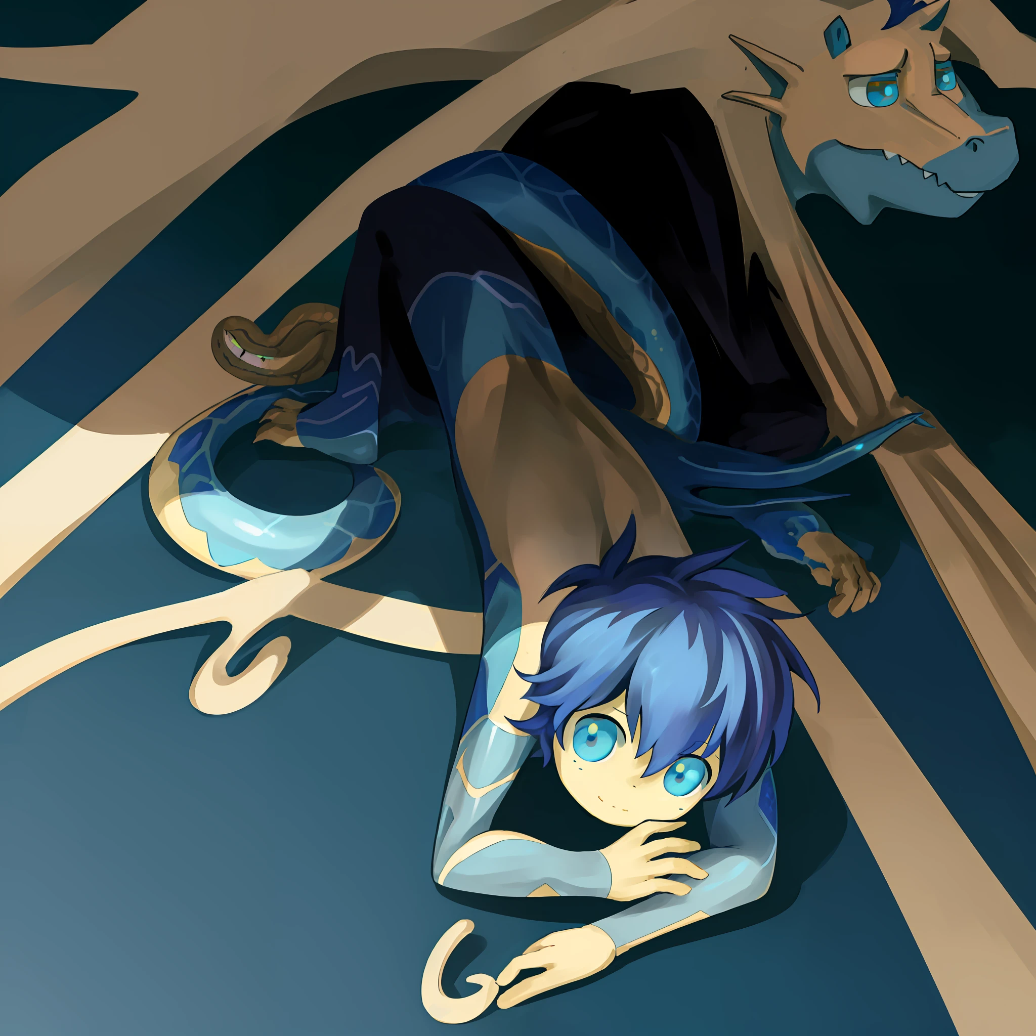 There is a cartoon of the blue dragon, young male human dragon, as anthropomorphic dragon, human dragon art, but as anthropomorphic dragon, cute little blue dragon, varguyart style, anthropomorphic dragon, cel shadow !, serpentine