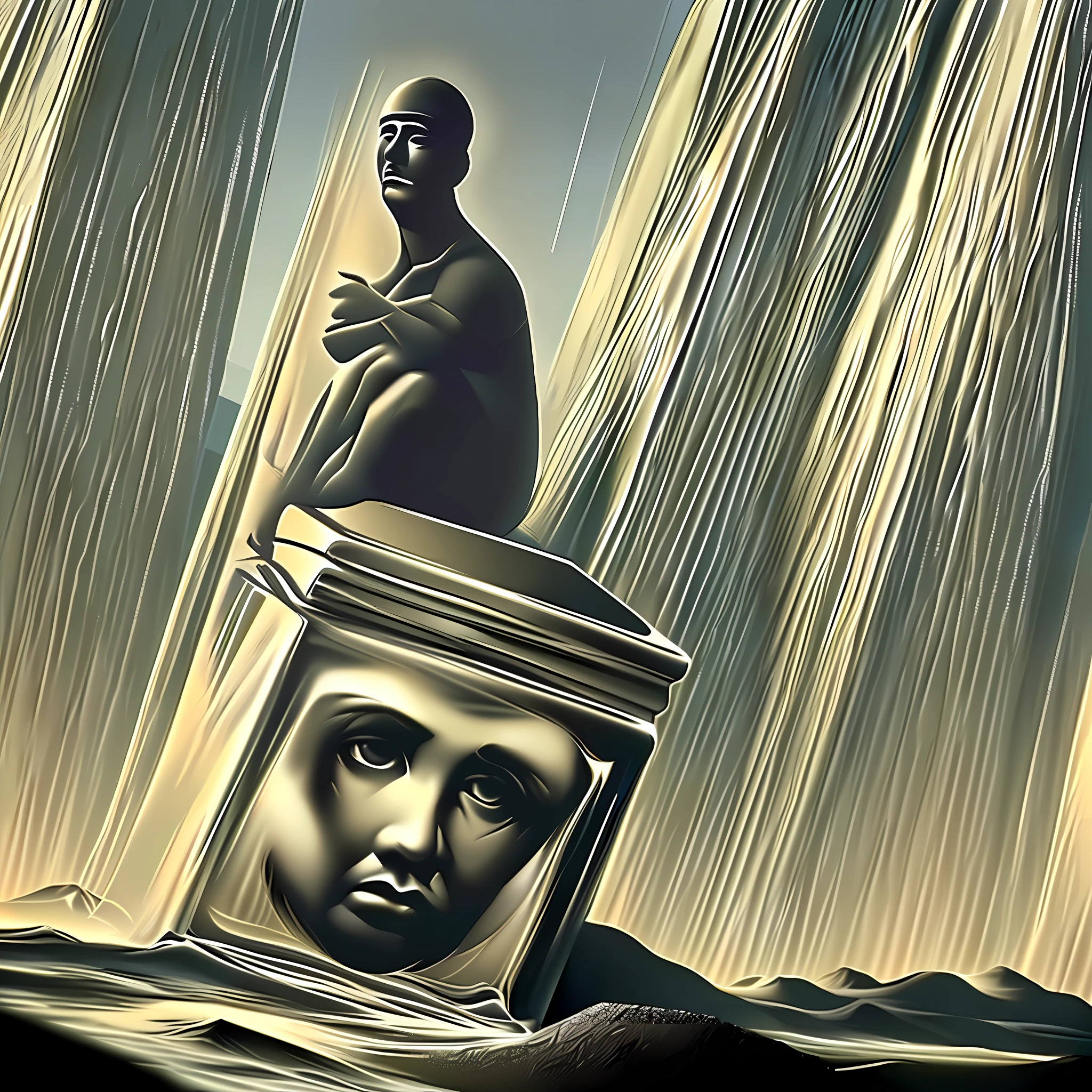 concept artwork, Salvador Dali+Rene Magritte+Architectural Art + b/w photography by Pierre Verger / style fusion /Eyeless man with sad expression sitting on a marble cube floating over the sea
 / mystical and spiritual atmosphere / dark tones / supernatural/Macro lens/Surreal juxtapositions/ Surrealism--ar 1080:1350 --c 12