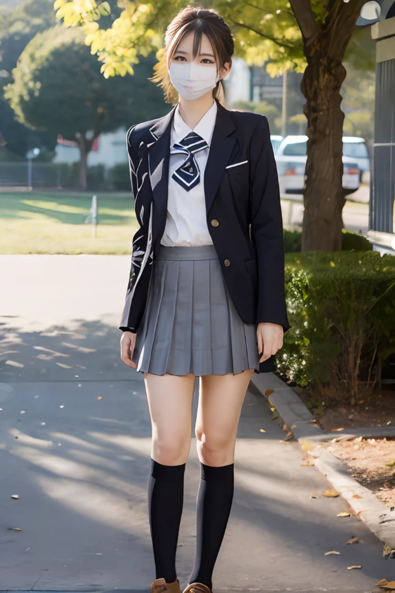 (best quality), masterpiece, (photo realistic:1.5), 8k quality, 1 beautiful woman, (full body:1.6), dark brown hair, updo hair, brown eyes, front, detailed face, beautiful eyes, looking at viewer, smile, BREAK wearing a mask, (Wearing a high school uniform:1.3), walking in a huge park, 30 years old