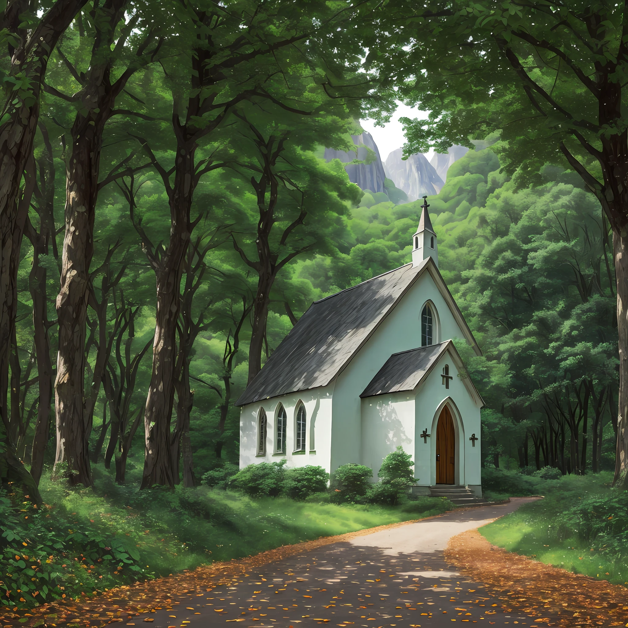 Watercolor drawing, computer visualized graphics, whirlwind of leaves, "Majestic mountains," "Lush forests," "Glittering lakes," "Desert dunes," "Golden sunsets." realistic fantasy, Extensive landscape ultrasound photography (general view showing the road, the wind blowing, the leaves swirling inspired, the old chapel in the foreground, the walls of the chapel in ivy, dynamic movement, wind, leaves, wind whirling leaves in spirals, Forest, slope, white moss and tall pines and an old chapel, entwined with ivy), blurred background, rocks in the distance, shore, gloomy, green, warm, magic