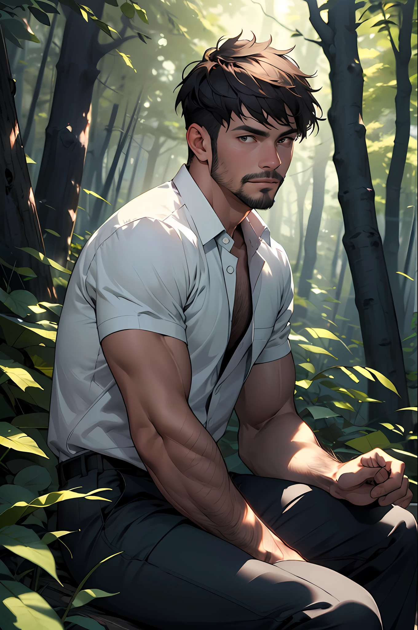 Best quality, masterpiece, expressionless,ultra high res,detailed background,realistic,1man,solo,male,muscular,mature male,short hair,facial hair,sitting,tree,forest,real shadow and light,depth of field,chest, underwear