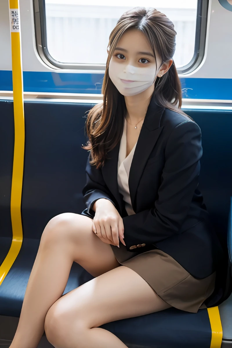 (best quality), masterpiece, (photo realistic:1.5), 8k quality, 1 beautiful woman, (full body:1.6), dark brown hair, updo hair, brown eyes, front, detailed face, beautiful eyes, looking at viewer, smile, BREAK wearing a mask, wearing a bussines suit with mini skirt, high-heeled shoes, sitting in a commuter train, 30 years old