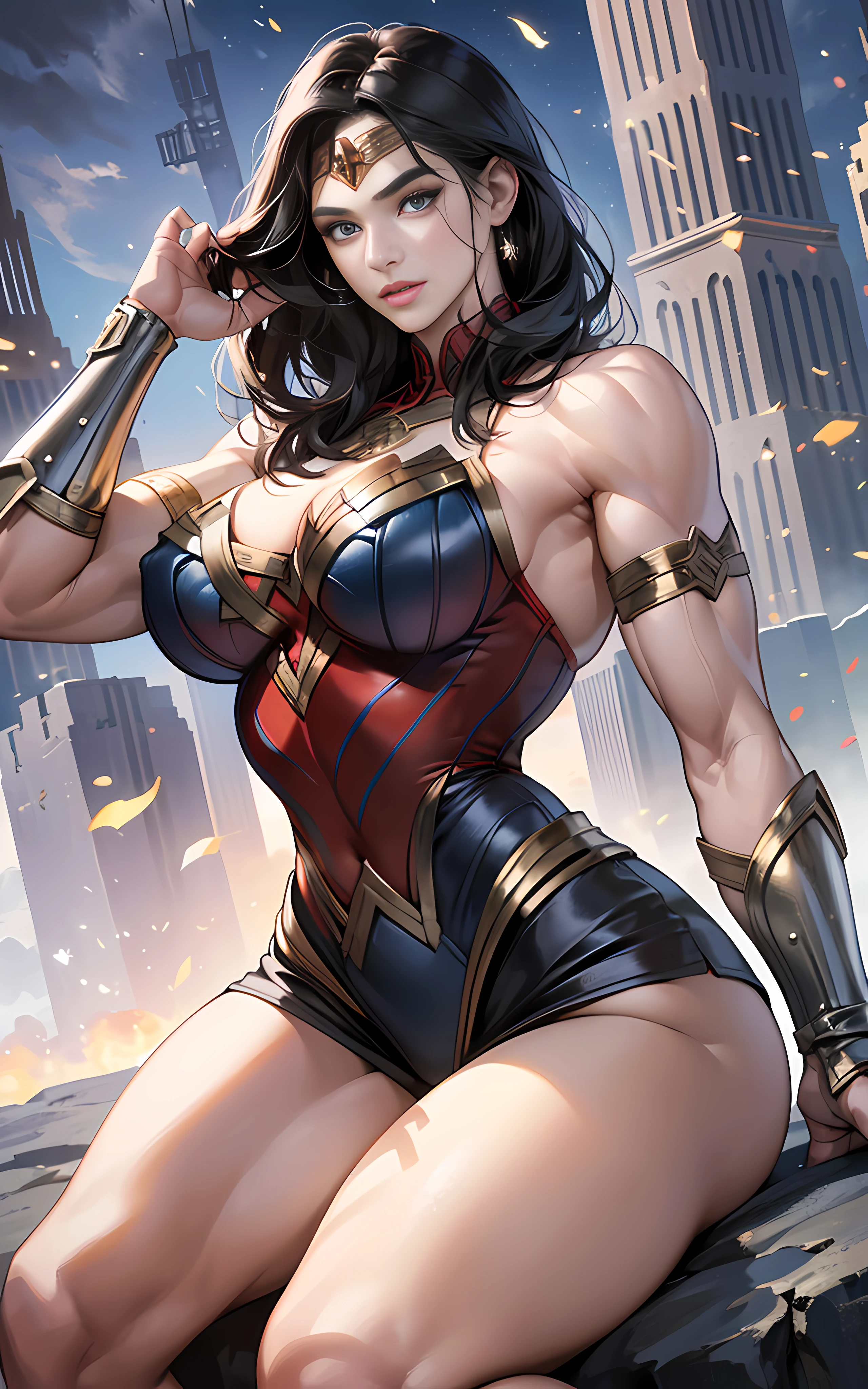 (Sexy Wonder Woman outfit: 1.6), (Black suit: 1.1), ((highest quality)), ((Masterpiece)), (detail), training room background with ultra muscular warriors in the background, (high resolution: 1.3) 1girl's photo, (Black outfit: 1.1), bodybuilder dressed as Wonder Woman, ((intricate details, makeup), (beautiful face, perfectly proportioned face), high detail skin, thick skin, better proportions four fingers and one thumb,  strong and realistic light violet eyes, realistic black hair, lips, makeup, natural skin texture, tiara, bullet-resistant cuffs, slightly sunburned skin tone, massive, sexy, elastic muscles (muscles: 2.5), ((strong and healthy body)), ((more) muscles))), long legs, curves, thick and very muscular thighs, wide buttocks, thick legs, (large breasts:  1.99), slim waist, soft waist, (detailed skin), (shiny skin), (beautiful and sexy woman), (swollen lips: 0.9), (eyelashes: 1.2), scary muscle size with big veins), excited, very detailed, full head, full body, whole legs, full arm (highly detailed CG integration, 8k wallpaper), high detail, realistic, sharp focus, cinematic, in a Viking training center, at night lit with torches, --auto --s2