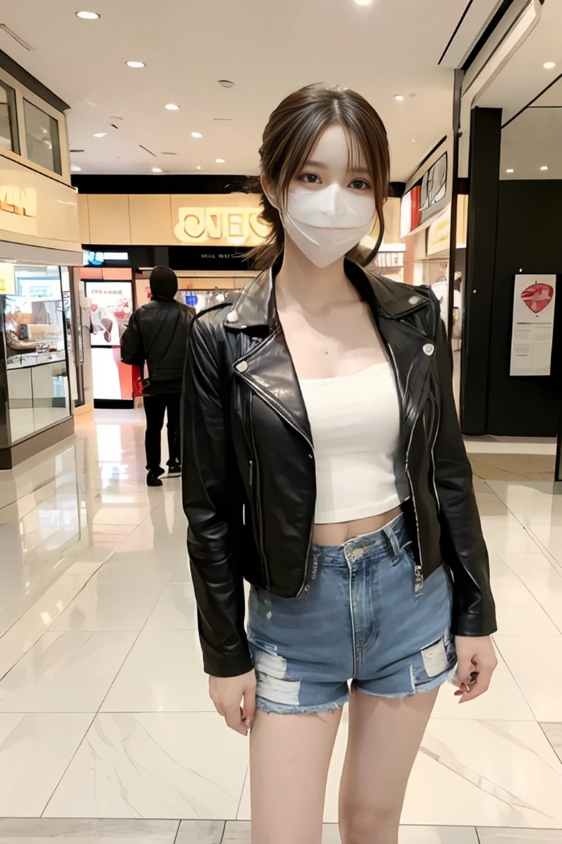 (best quality), masterpiece, (photo realistic:1.5), 8k quality, 1 beautiful woman, (full body:1.6), dark brown hair, updo hair, brown eyes, front, detailed face, beautiful eyes, looking at viewer, smile, BREAK wearing a mask, wearing a leather jacket and denim short pants, warking in a shopping mall, 30 years old