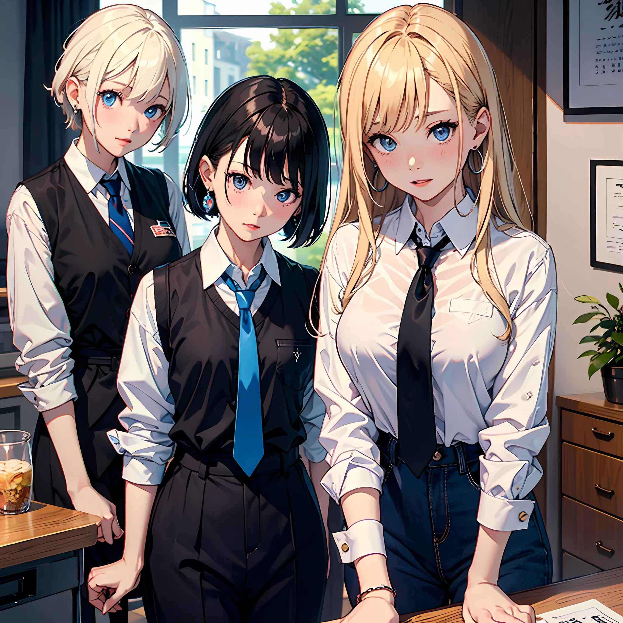 multiple girls,blue eyes,necktie,open mouth,black hair,earrings,jewelry,blonde hair,long hair,1boy,blue necktie,blush,shirt,brown hair,looking at viewer,white shirt,bangs,collared shirt,indoors,显示器，大屏幕，演播厅，演播室，高分辨率，超详细