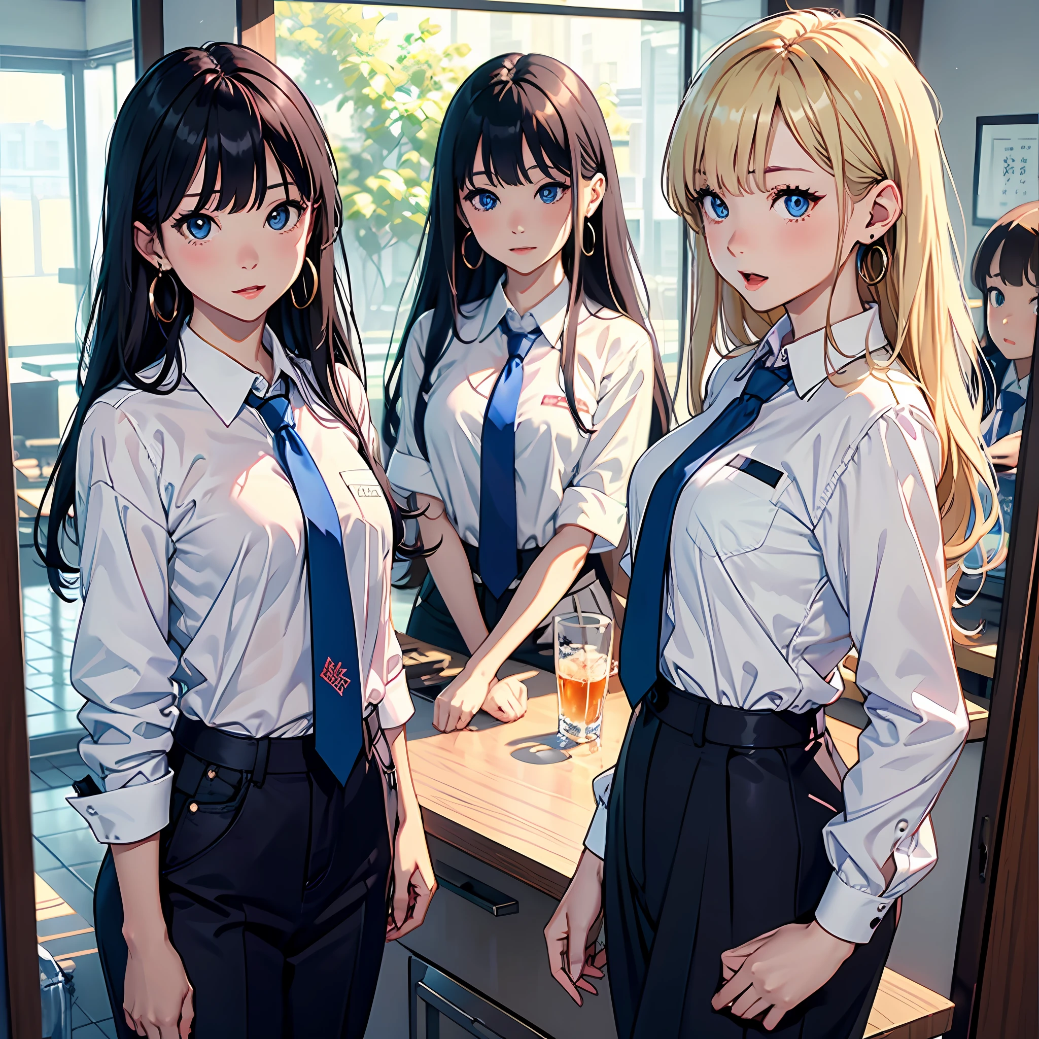 multiple girls,blue eyes,necktie,open mouth,black hair,earrings,jewelry,blonde hair,long hair,1boy,blue necktie,blush,shirt,brown hair,looking at viewer,white shirt,bangs,collared shirt,indoors,显示器,大屏幕,演播厅,演播室,