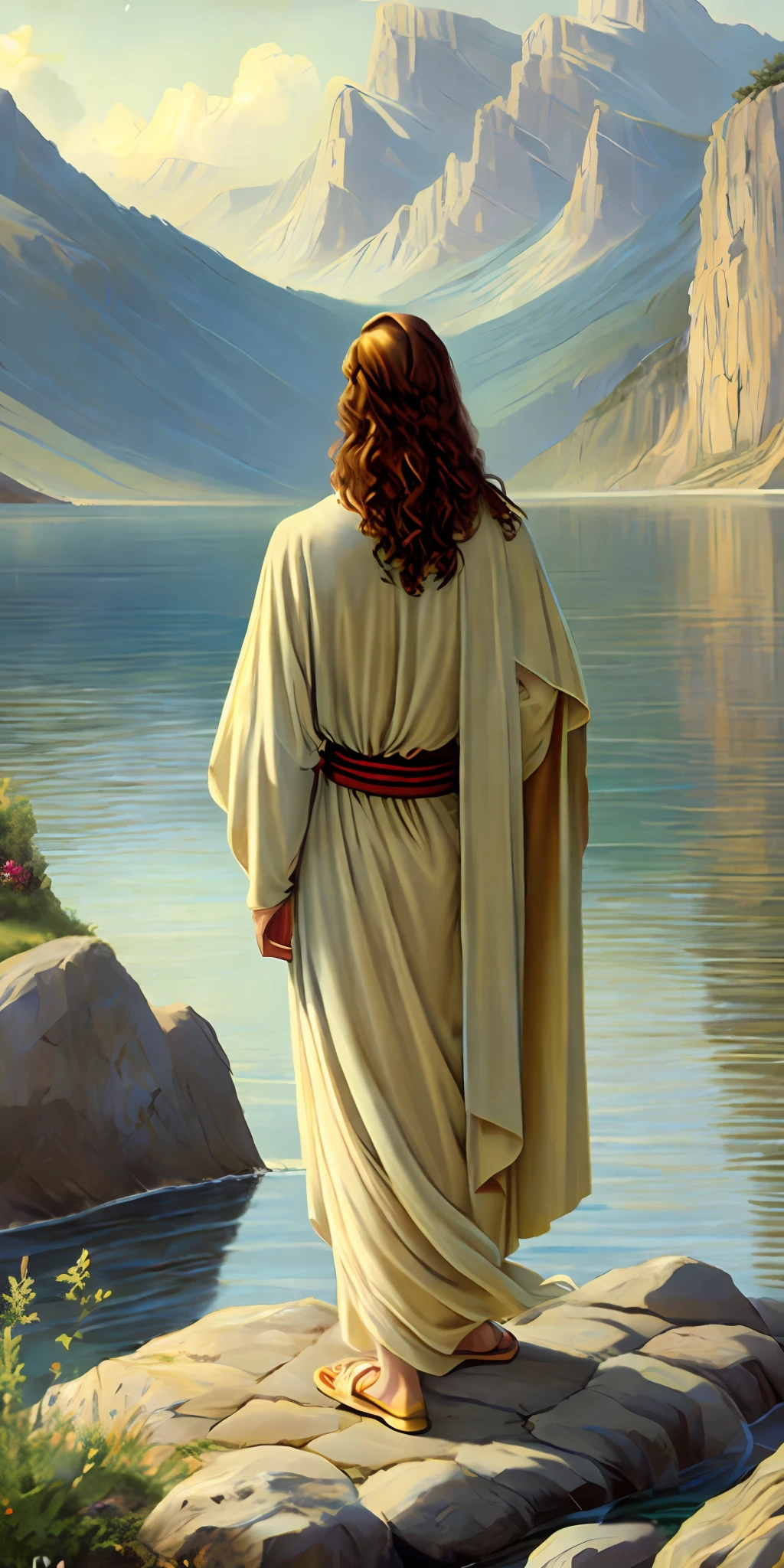 A painting of Jesus standing on a rocky shore looking out over the water, with his back to the camera, his mind contemplating eternity, Jesus walking on water, Jesus Christ, guardian of the sacred lake, Jesus, Christian art, Jesus of Nazareth, Greg Olsen, Moses, beautiful representation, He greets you warmly, Bible painting, Pontiff, by Harold Sandys Williamson,  Back