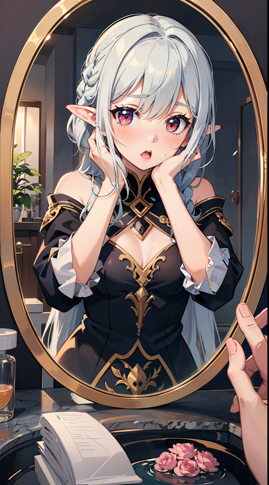((Put your hands on your face)), ((surprised)), (blush), 1 girl closeup, elf, silver hair, red eyes, braided hair, bob cut, fantasy style costume, wizard, ruffles, robes, long skirt, tights, black cloak, washbasin, washroom, mirror, ts, concept art, beautiful anime scene, beautiful anime scenery, top quality, masterpiece, 4k