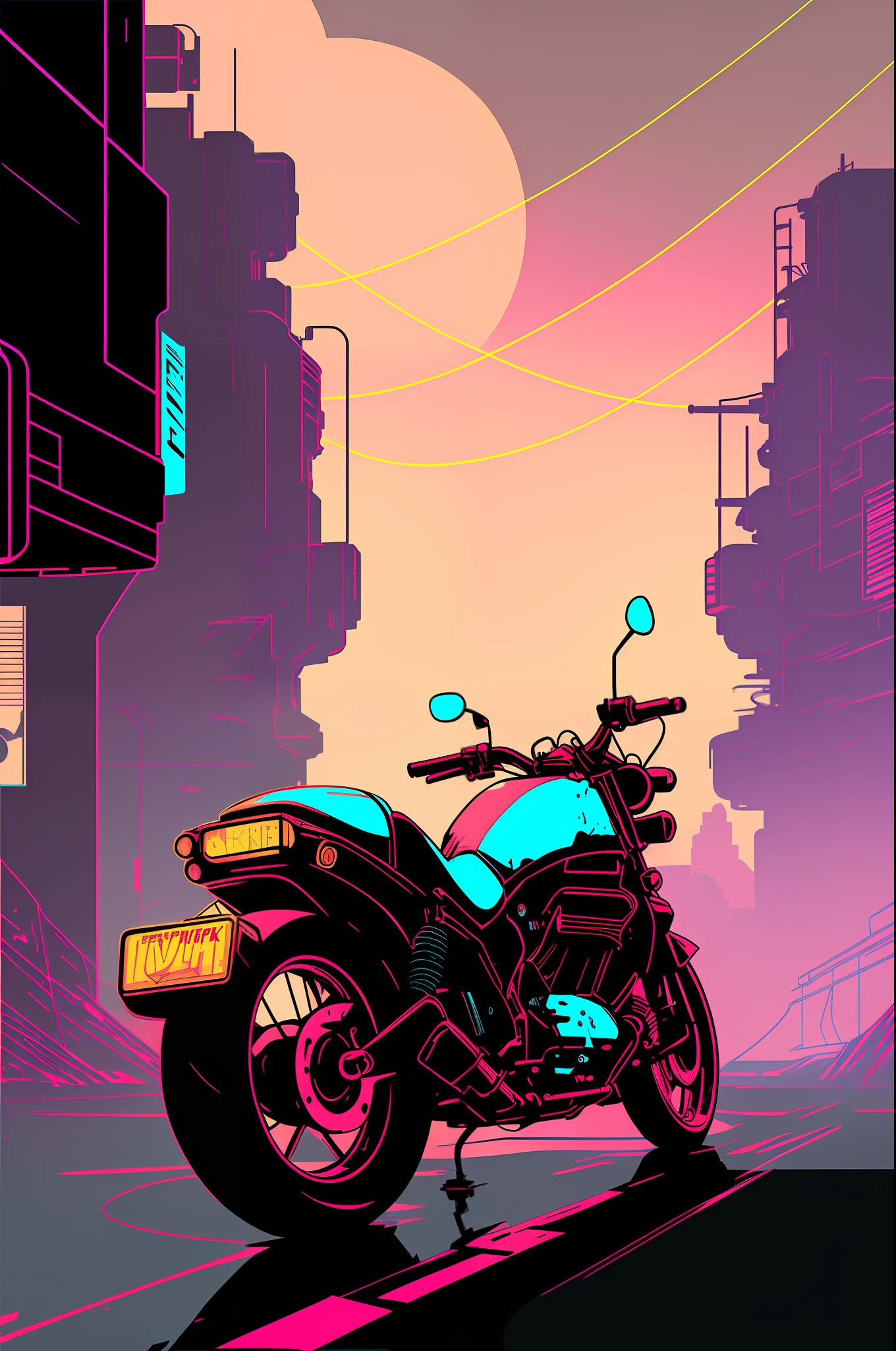 (nvinkpunk:1.2) snthwve style motorcyle, lightwave, sunset, intricate, highly detailed