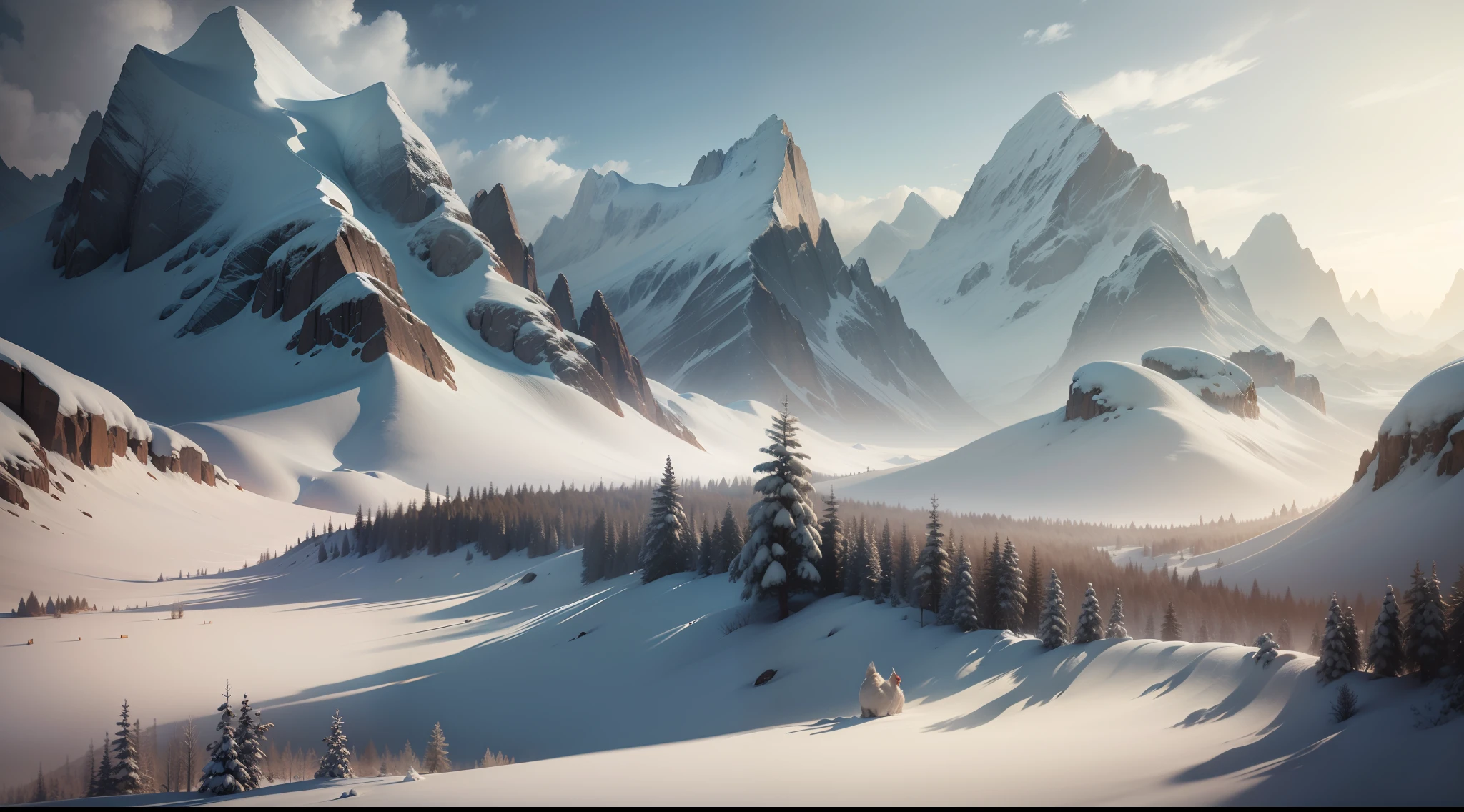 montanhas com neve, Realism, Hyperrealism, cinematic lighting, backlighting, Canon, panorama, UHD, super detail, high details, 16k