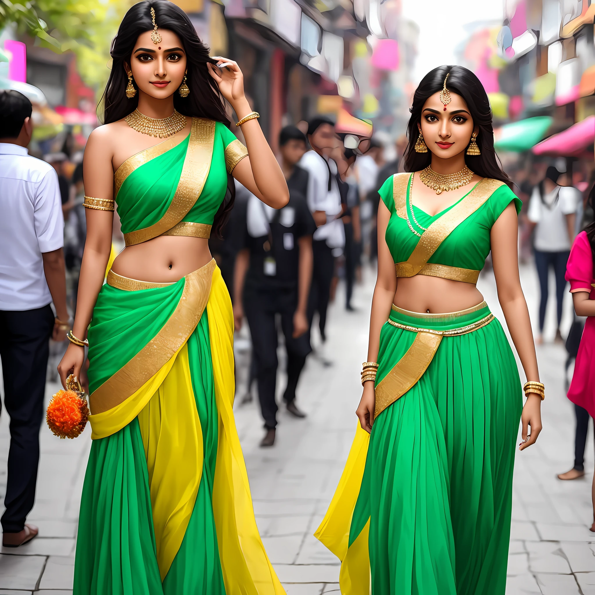 "A vibrant and confident young Indian woman exudes charm in her stylish, lightgreen short dress as she walks along a bustling street. Show stomach and long legs.The image captures her in a realistic and detailed manner, with close attention to the finer elements. With a playful expression, she strikes a pose, blowing a flirty flying kiss directly towards the camera."