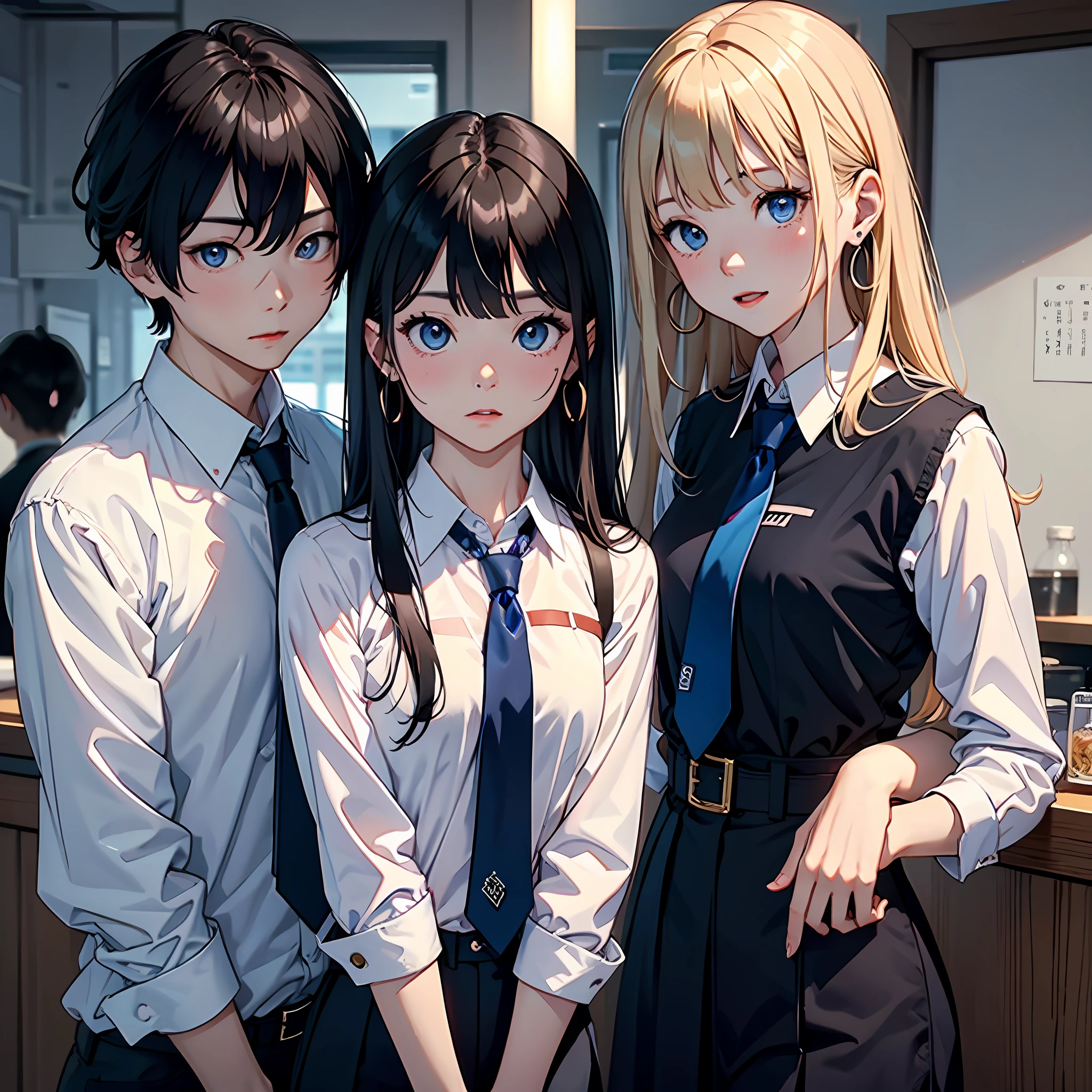multiple girls,blue eyes,necktie,open mouth,black hair,earrings,jewelry,blonde hair,long hair,1boy,blue necktie,blush,shirt,brown hair,looking at viewer,white shirt,bangs,collared shirt,indoors,显示器,大屏幕,演播厅,演播室,高分辨率,超详细,多个显示器,坐着,键盘,电脑