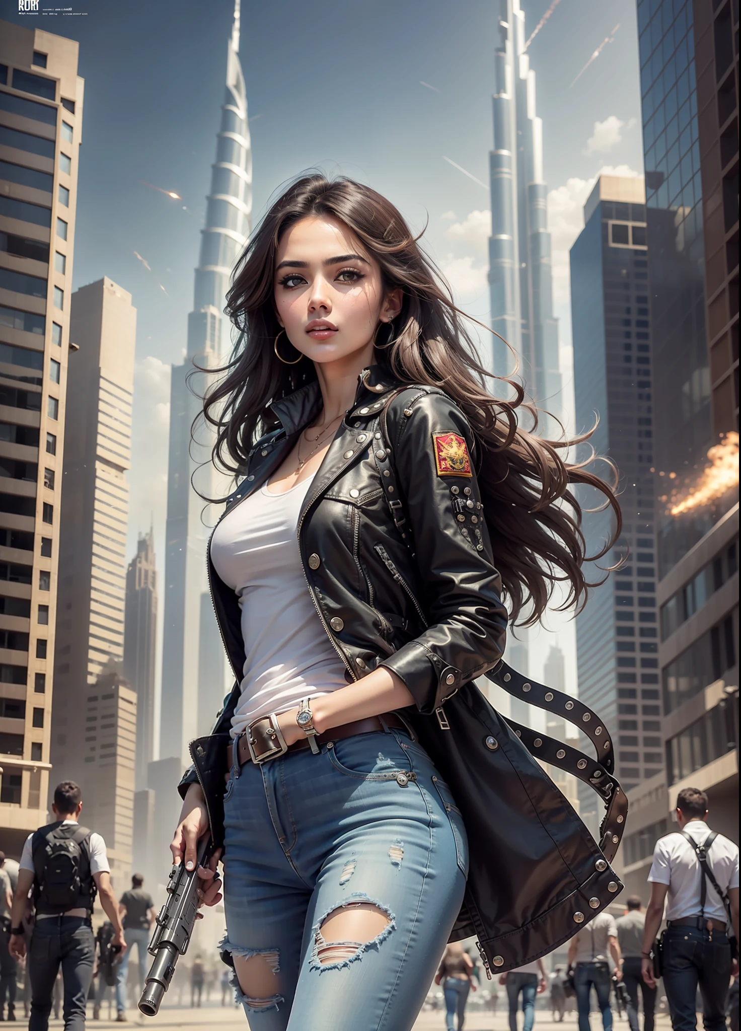 Arab movie poster, beautiful woman, medium dark long hair, jeans, belt, rivets, holster, with big gun in hand, rivets, explosions, dubai, skyscrapers, aliens invades, just one body
