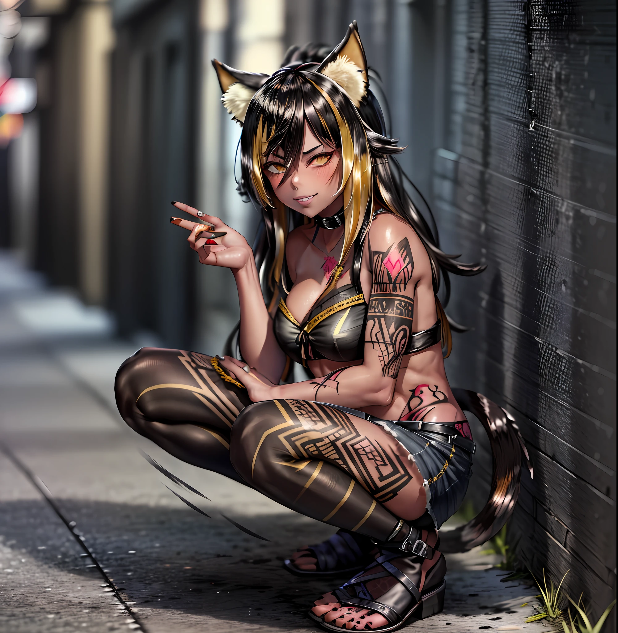 (hmnc1, animal ears, tail, dark skin, multicolored hair)1girl(((bitch,immoral,tattoo)))abs,in alley,squatting,evil smile