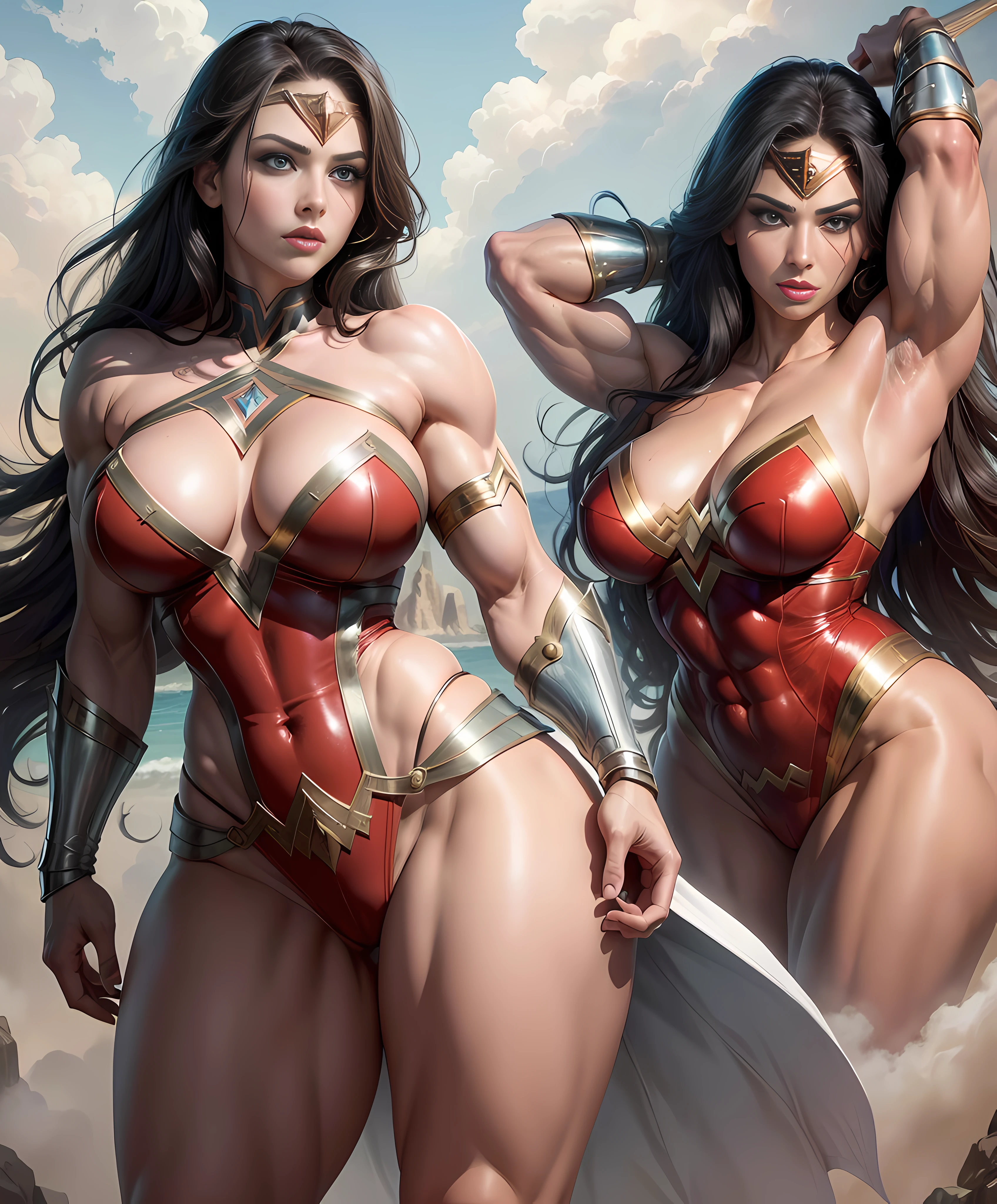 ( Wonder Woman outfit: 3.5), ((highest quality)), ((Masterpiece)), (detail), background ultra muscular warriors training, (high resolution: 3) full body, full head, Katheryn Winnick dressed as Wonder Woman flexing biceps, ((intricate details, makeup), (beautiful face, perfectly proportioned face), (very large breasts: 3.95), high detail skin, thick skin, enormous very muscular bald, best proportions, friendly look, lips, makeup, massive and marked muscles, sexyastic (muscles: 3), ((strong and healthy body)), ((more) muscles)), black hair, white skin, barefoot, long legs, curves, very thick and very muscular legs, wide and large muscular buttocks, thick legs, showing buttocks, thin waist, soft waist, (detailed skin), (shiny skin), (beautiful and sexy wom (swollen lips: 0.9), (eyelashes: 1.2), very strong muscle size and large veins), wide and muscular shoulders, prominent trapezoids, detailed, very curvaceous legs, full arm, (iPhone 16k wallpaper), high detail, sharp focus, cinematic, ,