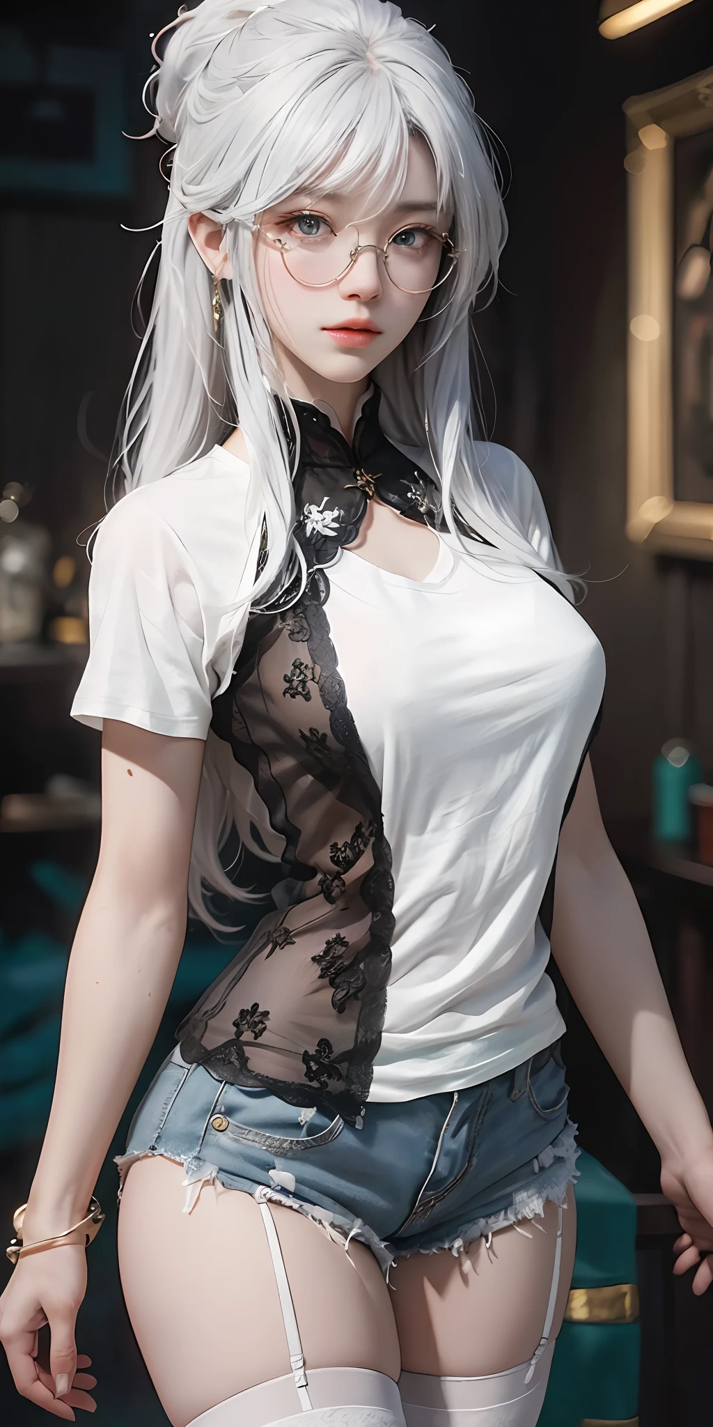 Close-up of a woman with white hair and white mask, beautiful figure painting, Guviz, Guvitz style artwork, white-haired god, Yang J, epic fine character art, amazing character art, Fan Qi, Wu Zhun Shifan, Gu Vitz in pixiv art station, close-up of a white haired woman, beautiful figure painting, Gu Viz, Gu Vitz style artwork, White Hair God, Yang J, epic fine character art, amazing character art, Fan Qi, Wu Zhun Shifan, Guvitz at pixiv art station, perfect female body, (((tight white T-shirt))), beautiful eyes, (delicate face), short black hair, hair tied up, light blue hairpin, black silk border glasses, (fair skin), (best lighting), (super complex details), 4K unity, (super detailed CG), showing fair legs, stockings, hot pants, shorts,
