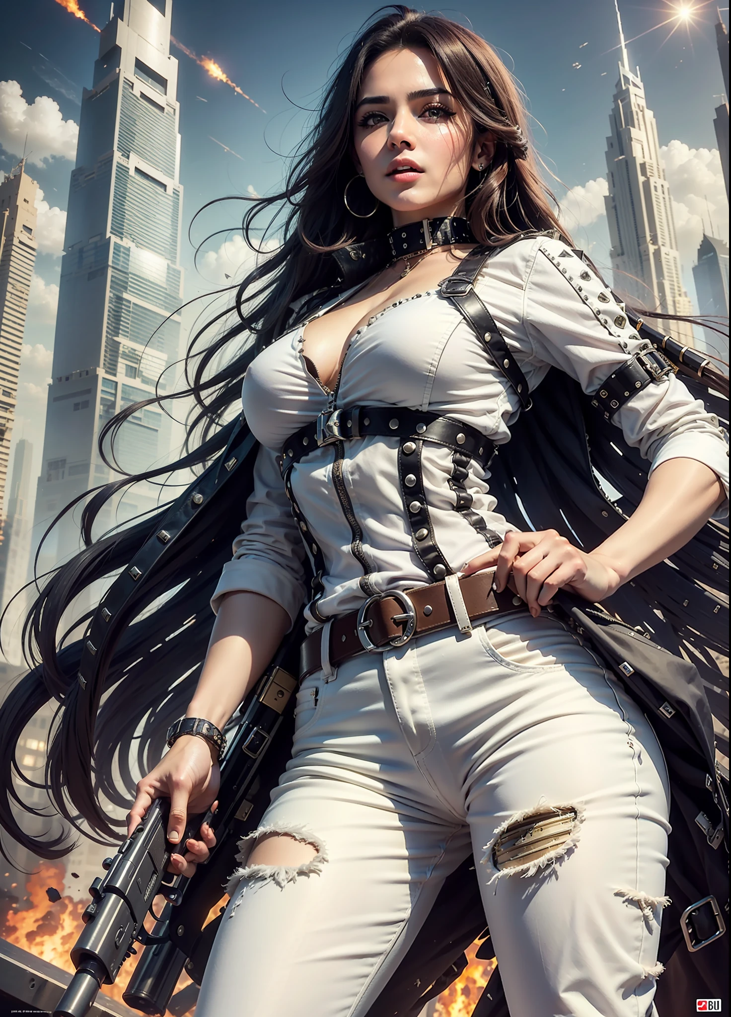Arab movie poster, beautiful woman, medium dark long hair, white jeans, belt, rivets, holster, with big gun in hand, rivets, explosions, dubai, skyscrapers, just one body