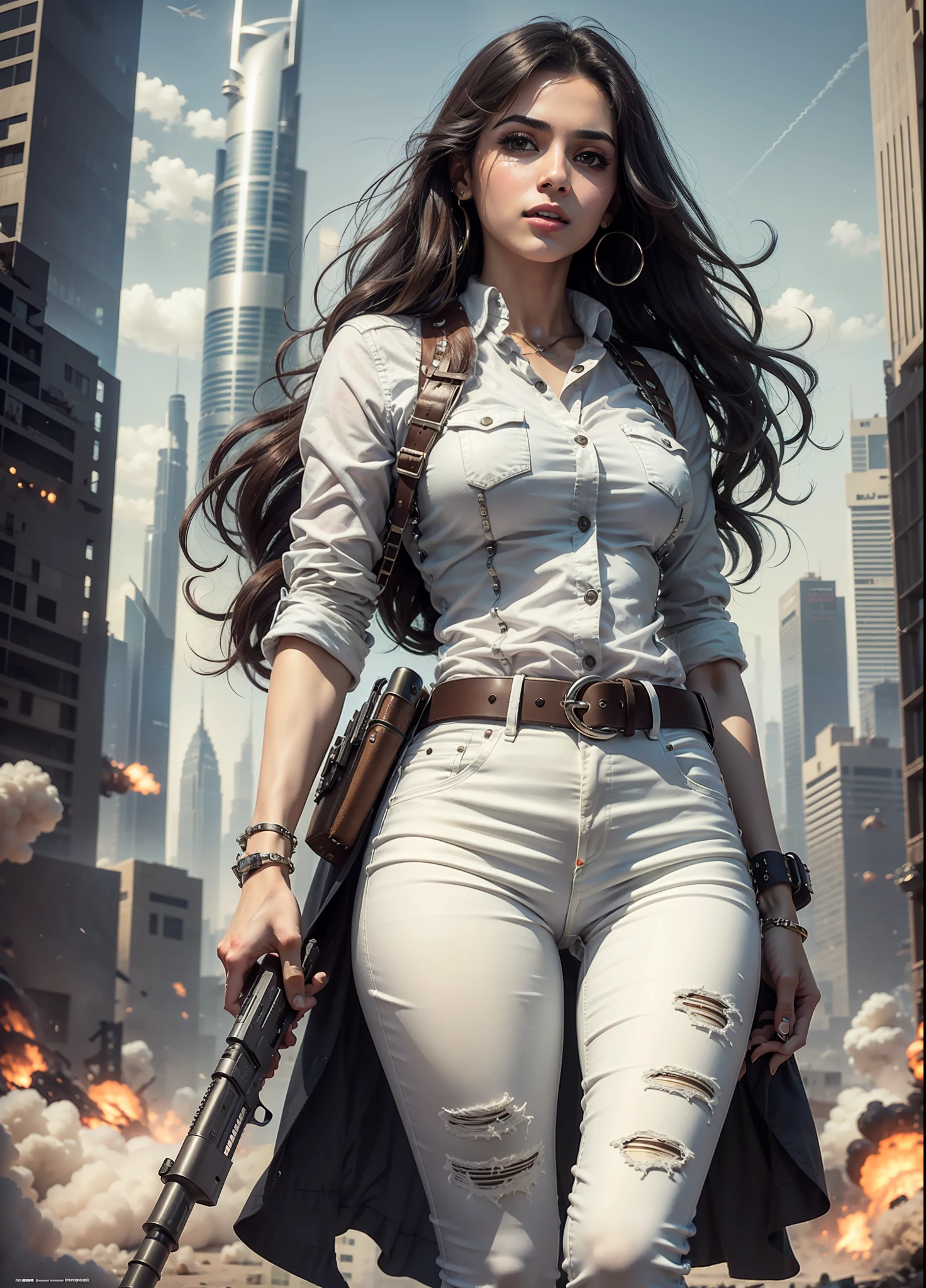 Arab movie poster, beautiful woman, medium dark long hair, white jeans, belt, rivets, holster, with big gun in hand, rivets, explosions, dubai, skyscrapers, just one body