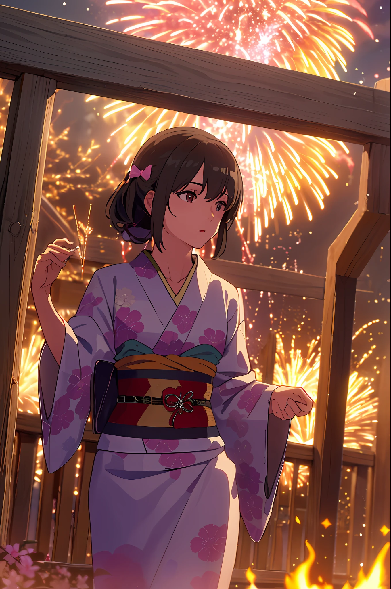 masterpiece, absurdity , (intricate details), (colorful), cinematic lighting, bust, extremely detailed CG Unity 8k wallpaper , flowers , flame print kimono, mid-chest , outdoors, fireworks, railing, belt, hair bow,