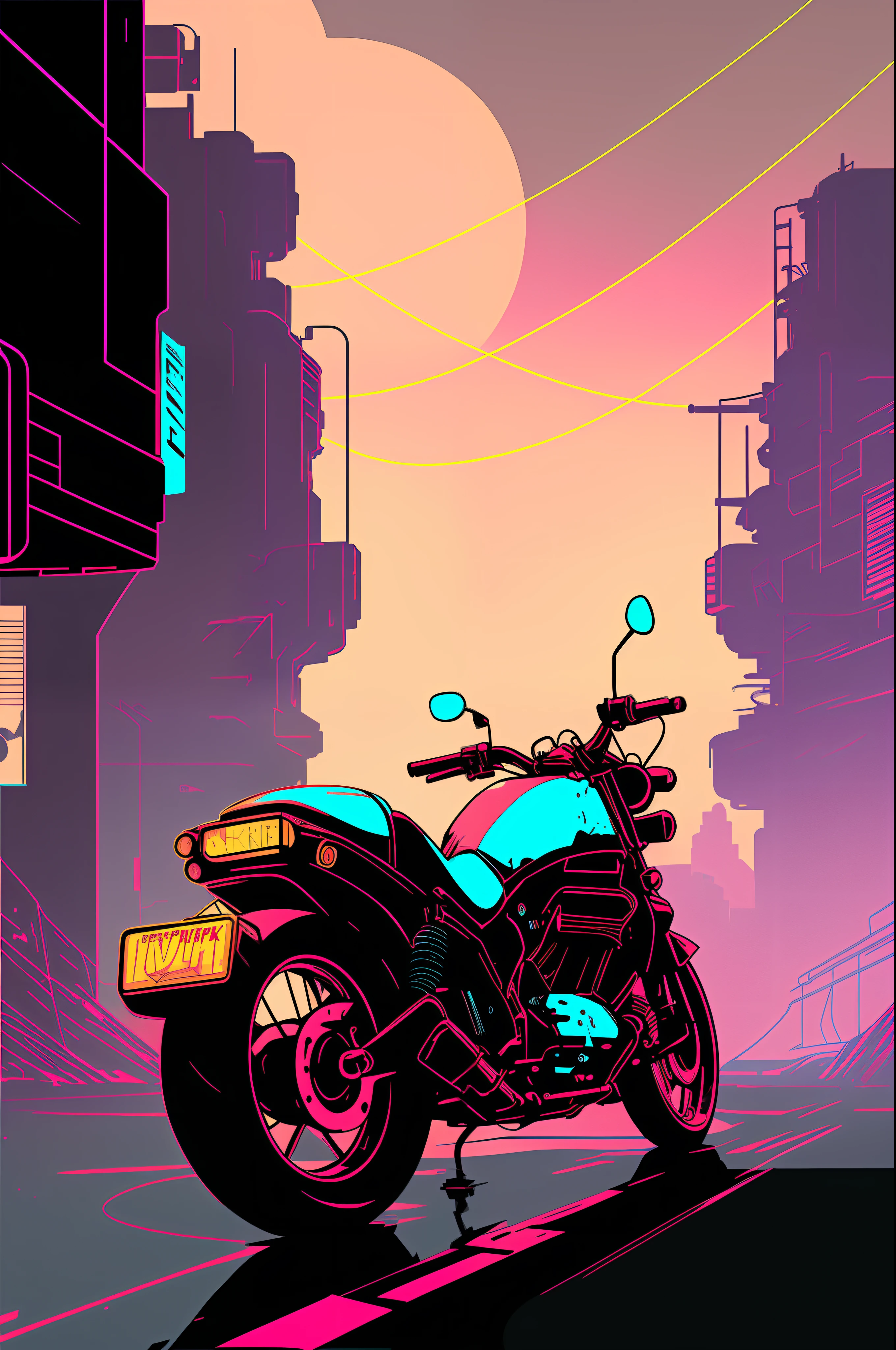 (nvinkpunk:1.2) snthwve style motorcyle, lightwave, sunset, intricate, highly detailed