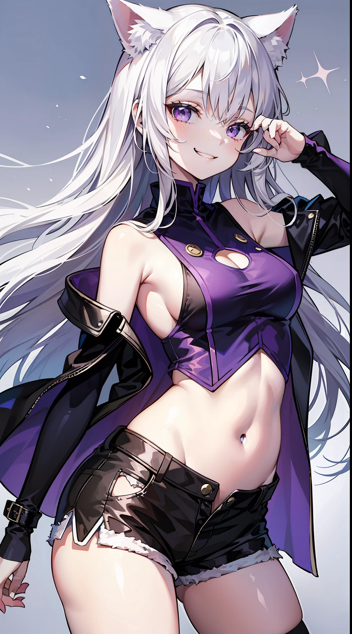 Young girl, long white hair, purple eyes, cat ears, superhero uniform, shorts, sleeveless, open belly, inner sideboob, smirk, masterpiece, high quality