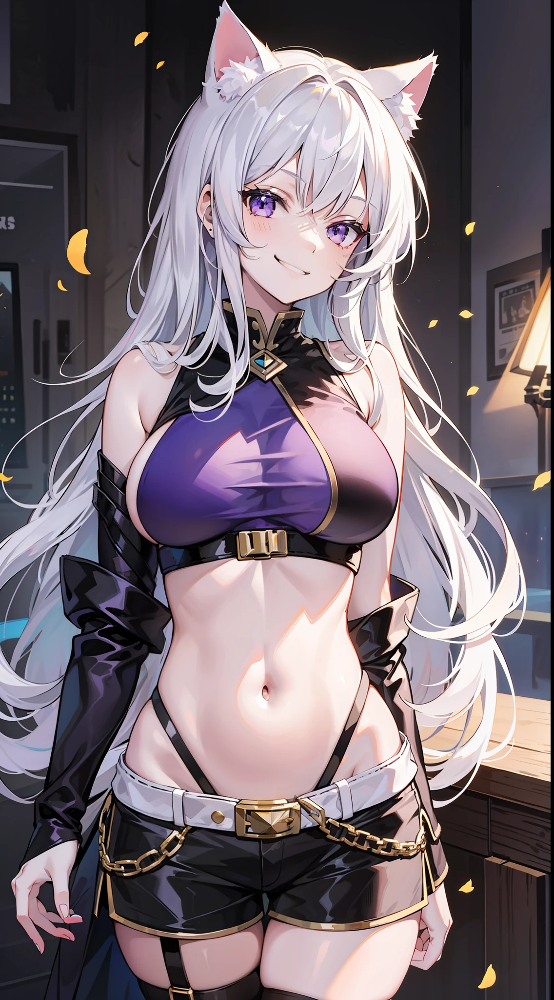 Young girl, long white hair, purple eyes, cat ears, superhero uniform, shorts, sleeveless, open belly, inner sideboob, smirk, masterpiece, high quality
