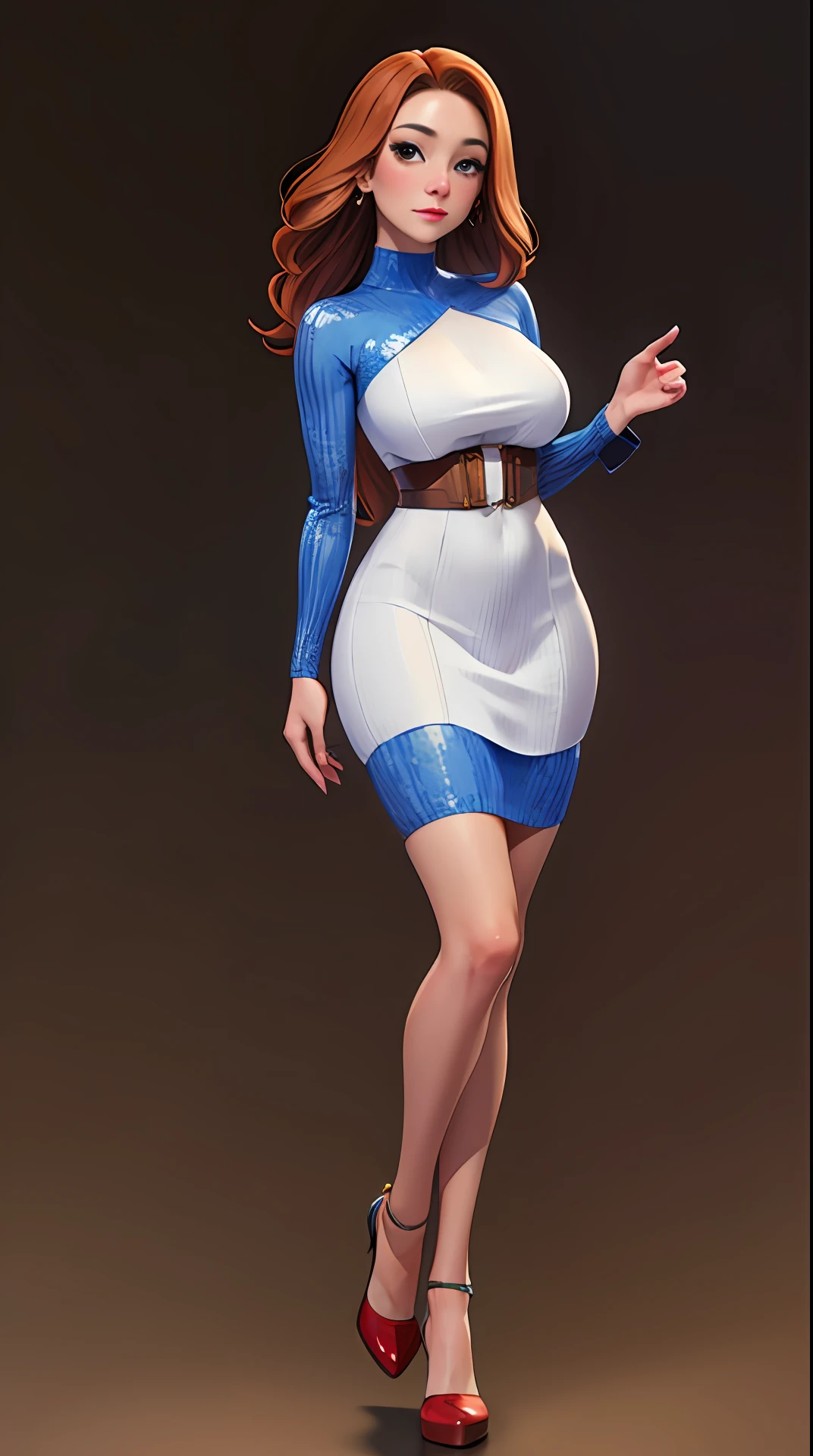 8K, (best quality:1.3), (masterpiece:1.3), (detailed:1.2), distinct image, (Cowboy shot), BREAK Solo, looking at viewer, Voluptuous body, Layered Cut Golden Auburn hairs, Mahogany eyes, Mesh Sleeve Bodycon Dress natural volumetric lighting, Artistic Background ((((standing upright))))