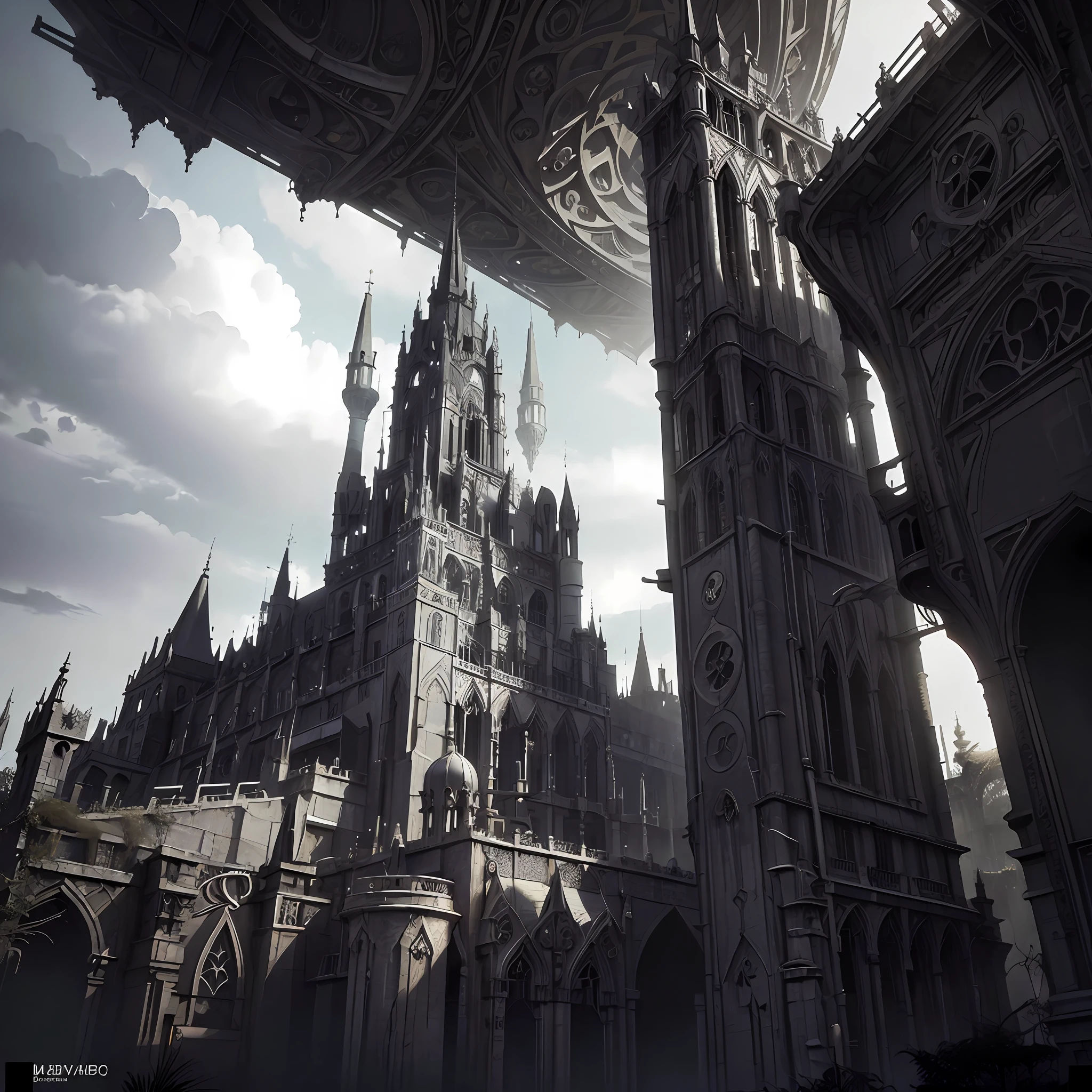 concept artwork, M.C Escher + Architectural Art + b/w photography by Pierre Verger / style fusion / Tower in Black marble/ mystical and spiritual atmosphere / dark tones / supernatural/Macro lens/Surreal juxtapositions--ar 1080:1350 --c 12 --auto --s2