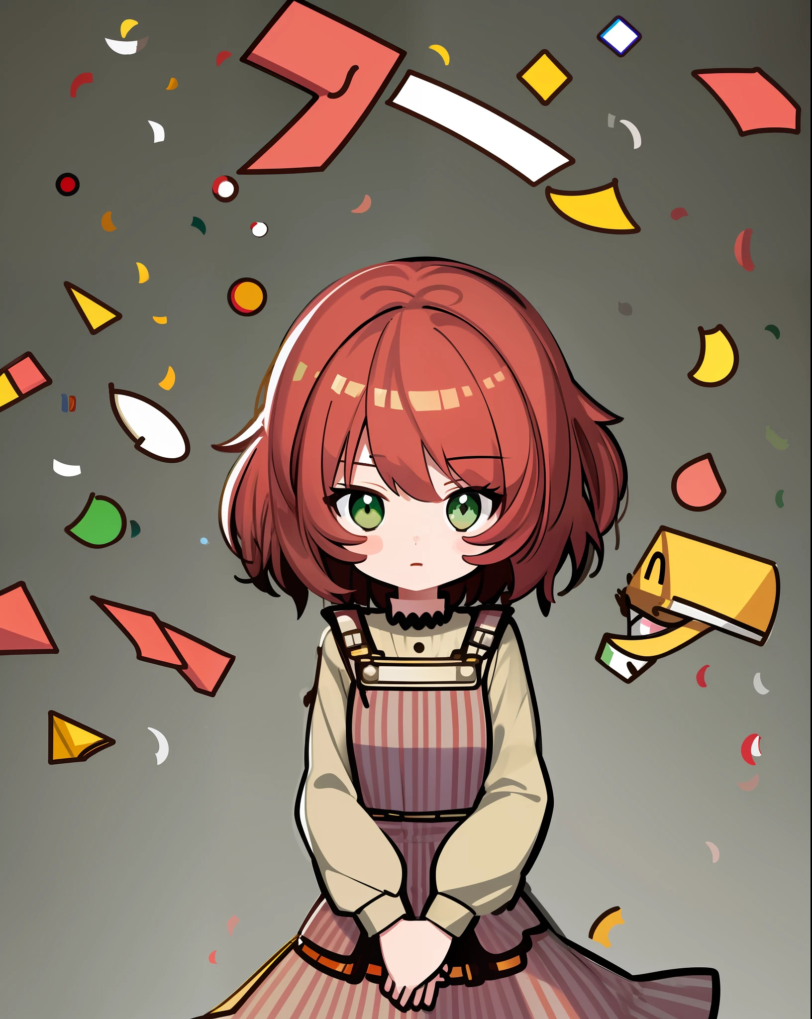 (masterpiece), (best quality), SakuraVRC, 1girl, solo, short hair, red hair, green eyes, breasts, sticker, rough lines, vector, simple, flat illustration, mascot, Cartoon, white background, confetti, anime,