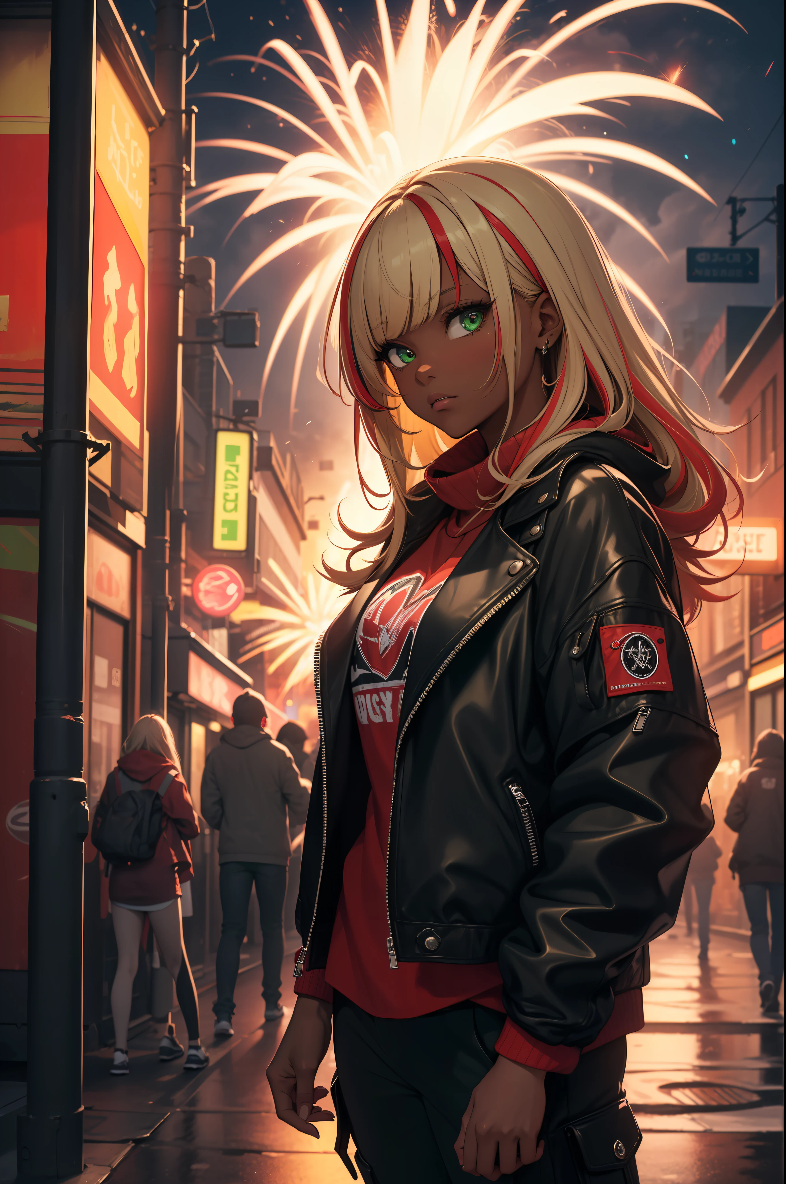 (masterpiece:1.4), 1girl, Streetwear, leather jacket, cargo pants, street, (masterpiece, best quality, highres, ultra detailed ), night, depth of field, absurdres, (masterpiece:1.4), ultra-detailed, 1girl, dark-skinned, stand up, green and red, long blonde wildly hair with red streaks, urban mage, surrounded by neon and colored sparks