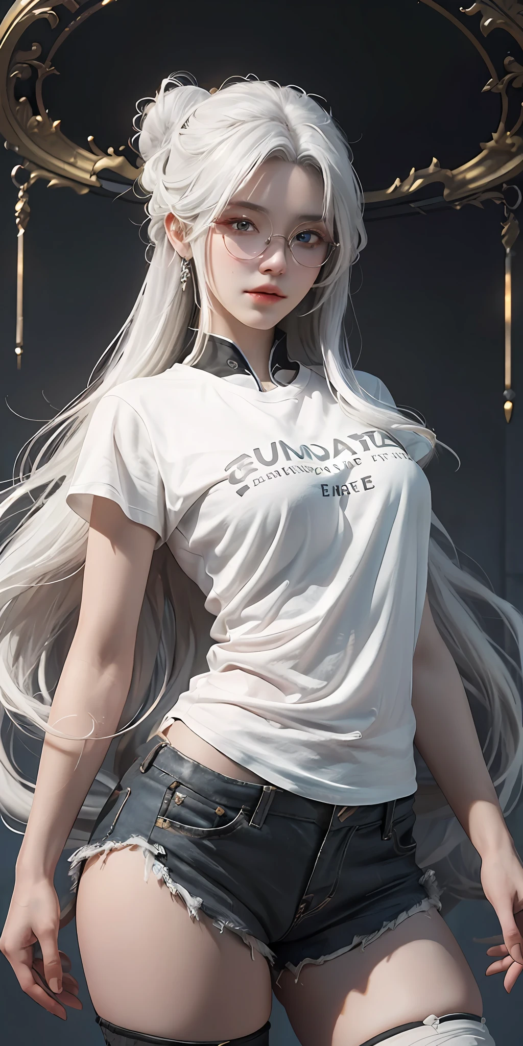 Close-up of a woman with white hair and white mask, beautiful figure painting, Guviz, Guvitz style artwork, white-haired god, Yang J, epic fine character art, amazing character art, Fan Qi, Wu Zhun Shifan, Gu Vitz in pixiv art station, close-up of a white haired woman, beautiful figure painting, Gu Viz, Gu Vitz style artwork, White Hair God, Yang J, epic fine character art, amazing character art, Fan Qi, Wu Zhun Shifan, Guvitz at pixiv art station, perfect female body, (((tight white T-shirt))), beautiful eyes, (delicate face), short black hair, hair tied up, light blue hairpin, black silk border glasses, (fair skin), (best lighting), (super complex details), 4K unity, (super detailed CG), showing fair legs, stockings, hot pants, shorts,