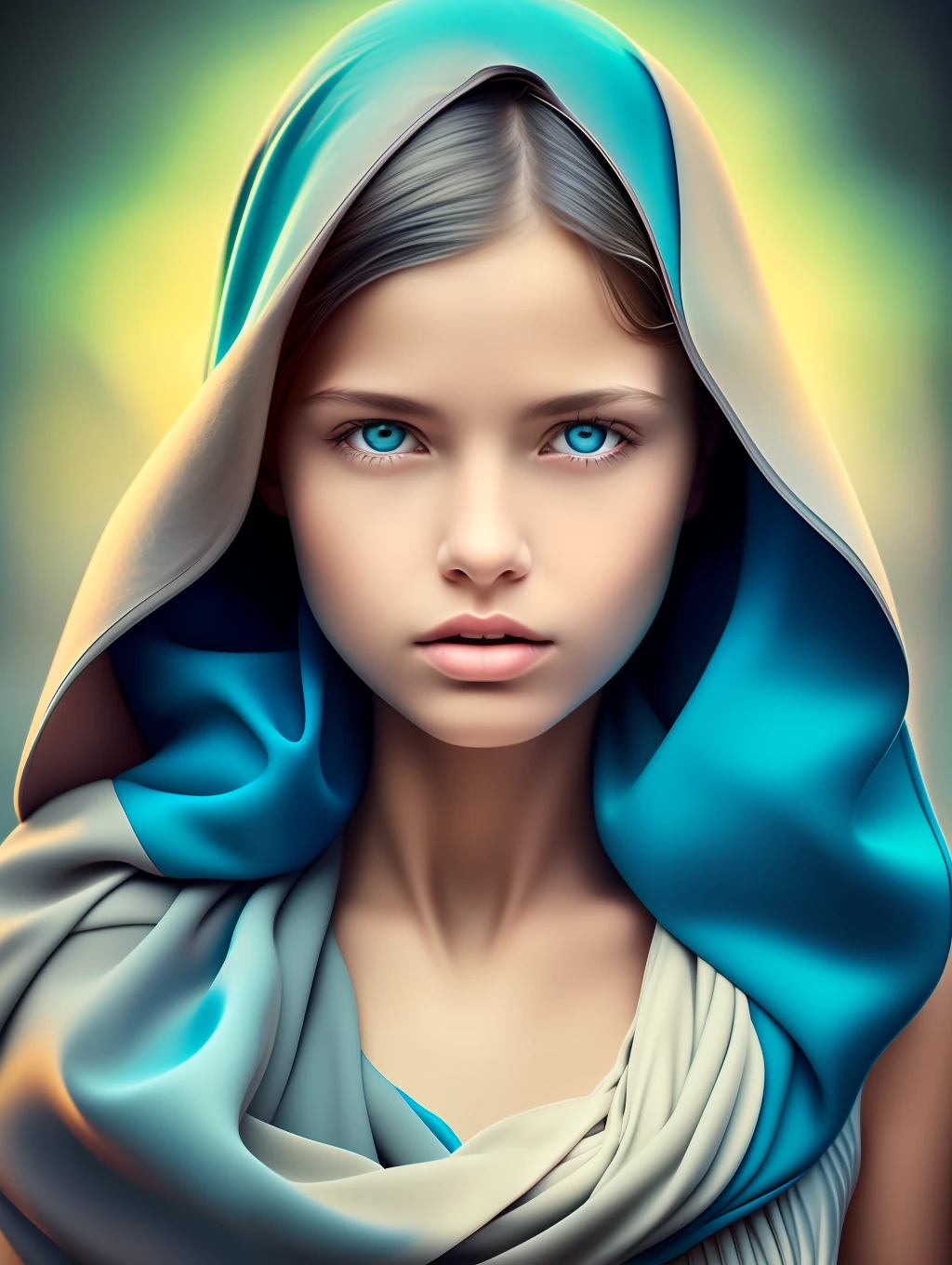 Surreal Macro Portraiture, of a insanely beautiful young girl, blue scarf around her head, in the style of Diego Fazio, photorealism, vibrant interplay of light and shadows, vivid focus