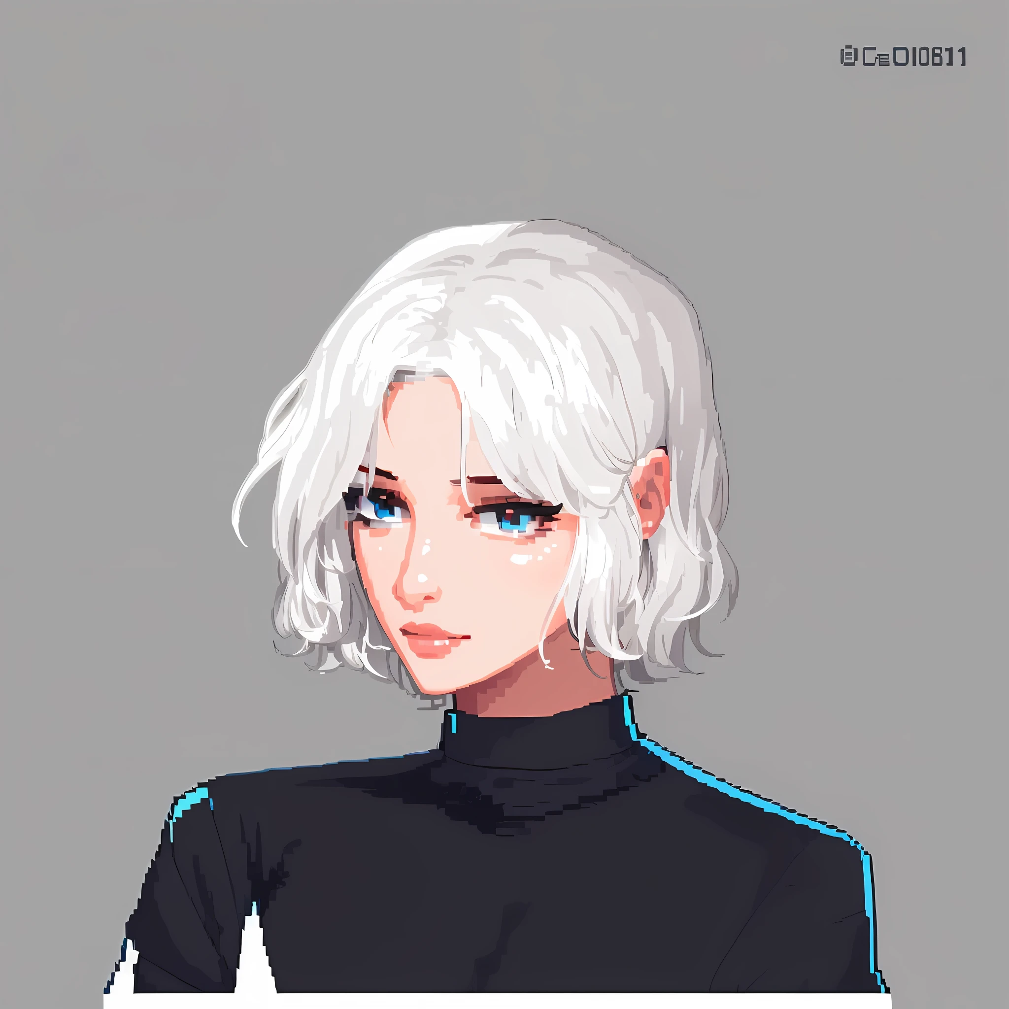 ((pixelart)) 1girl, solo, white hair, plain background, white background, portrait, (white hair: 1,3), (black short-sleeved shirt), pixel art, pale skin,