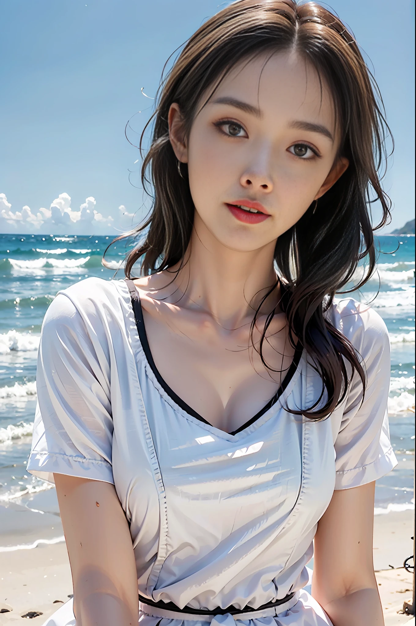 1girl, (Super:1.2), ((White shirt:1.2)), RAW photos, (Photorealistic:1.37, Realistic), High definition CG unified 8K wallpaper, Watch Viewer, ((Frolicking on the beach))), (HQ Skin: 1.8, Glossy skin), 8K UHD, DSLR, Soft lighting, High Definition, Film grain, FUJIFILM XT3, (Upper body: 1.6)) , (Pro Lighting:1.6)