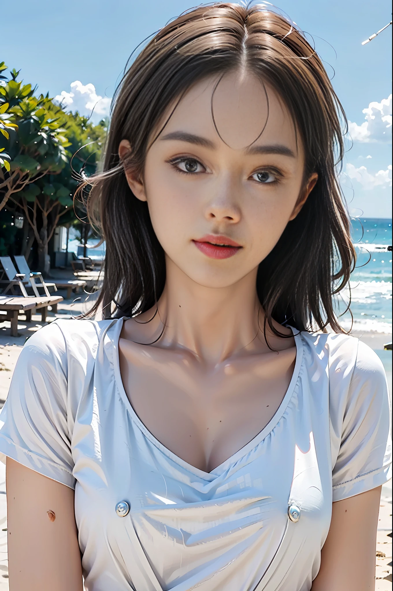 1girl, (Super:1.2), ((White shirt:1.2)), RAW photos, (Photorealistic:1.37, Realistic), High definition CG unified 8K wallpaper, Watch Viewer, ((Frolicking on the beach))), (HQ Skin: 1.8, Glossy skin), 8K UHD, DSLR, Soft lighting, High Definition, Film grain, FUJIFILM XT3, (Upper body: 1.6)) , (Pro Lighting:1.6)