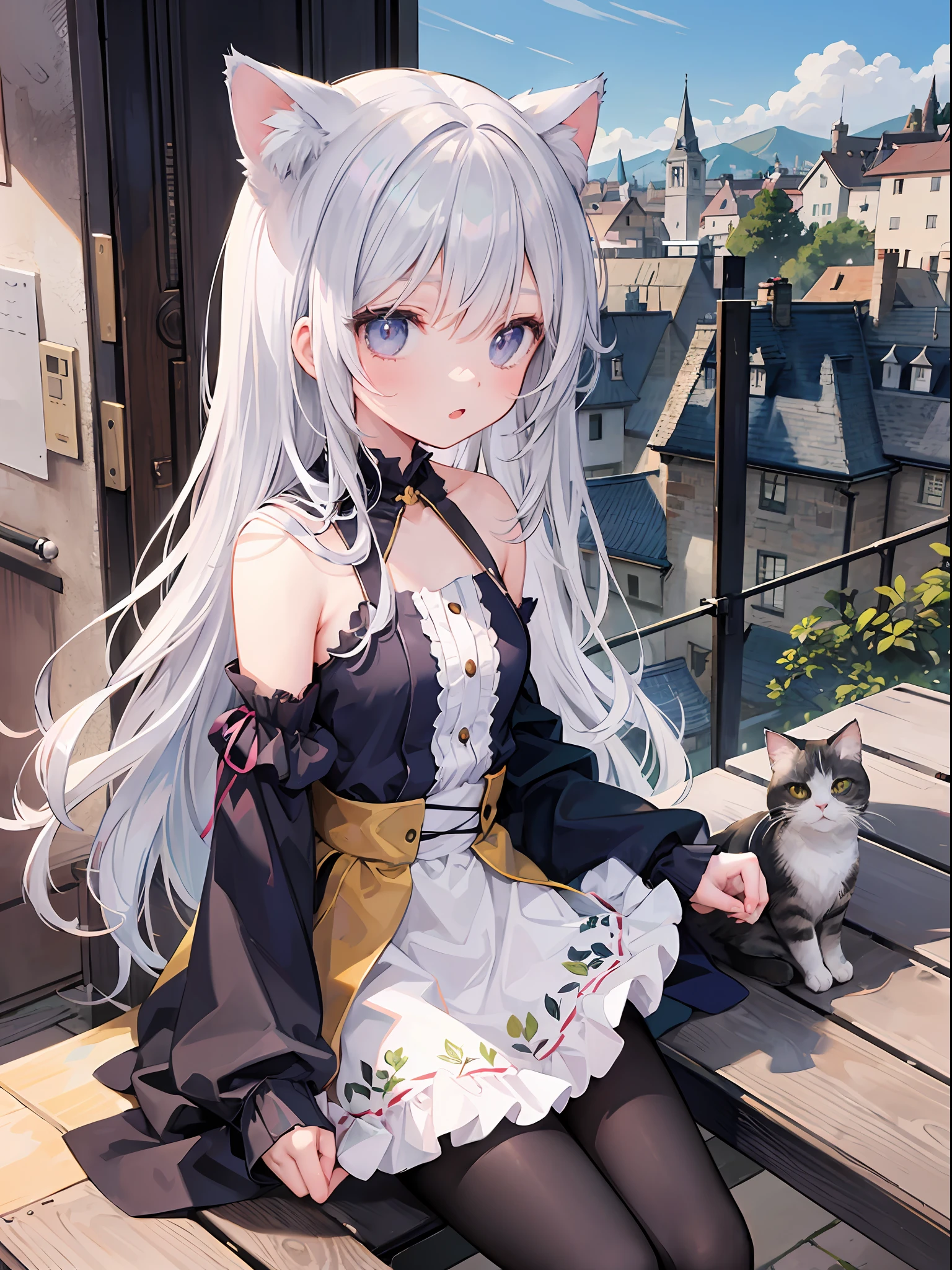 (masterpiece), (highest quality anime illustration), (super definition), one girl, solo, beautiful girl with silver hair, cat ear loli, castle town looking down from the castle