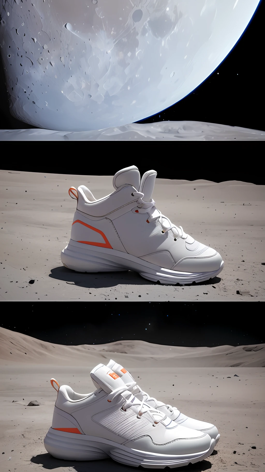 A 3D pair of boots lunar space shoes starts boost ignition from the moon, hyper realism