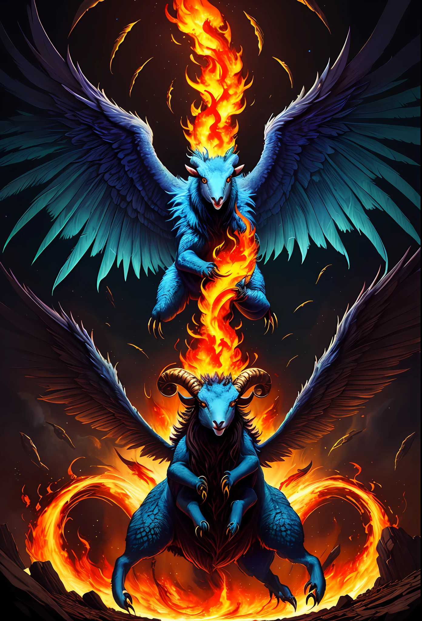 ((Best Quality)), ((Masterpiece)), ((Surrealism)), ((Surrealist Fantasy Style)), Jim Lee's beautiful intricate soft oil paintings, mythical birds of prey, facing the viewer, a stunningly beautiful and powerful monster sheep erupting from ashes, awesome legendary fire sheep, (full of vibrant rainbow flames, colorful flames, spiral hell: 1.5), huge symmetrical flame wings, ultra-detailed feathers, sharp claws, unparalleled magical energy, soft edge lighting, (flying), professional, soft volumetric lighting, depth of field, film grain, smoothness, roughness, real life, warm vibrant color palette