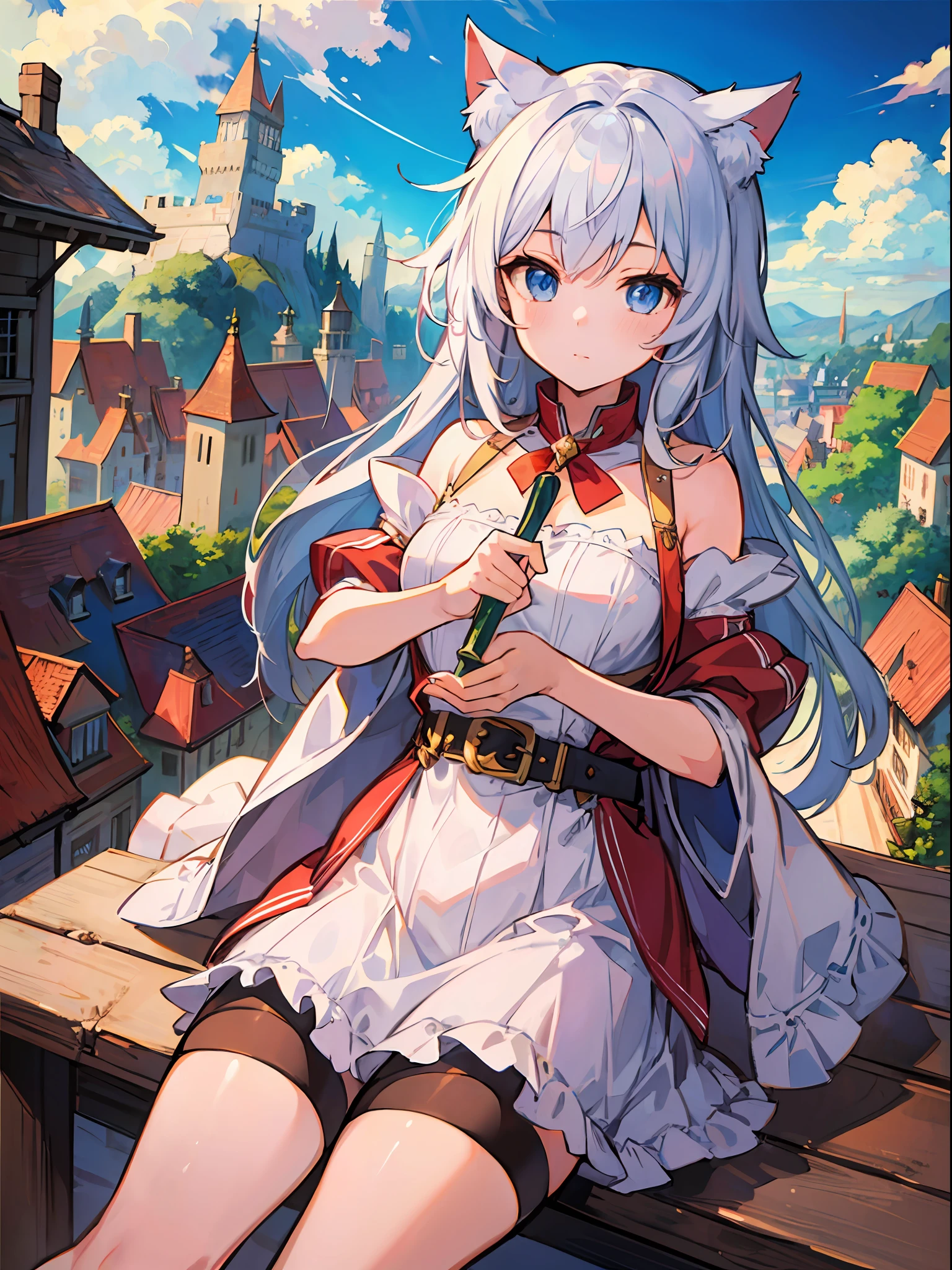 (Masterpiece), (Highest Quality Anime Illustration), (Super Definition), One Girl, Solo, Beautiful Girl with Silver Hair, Cat Ear Loli, Castle Town Overlooking Castle Town