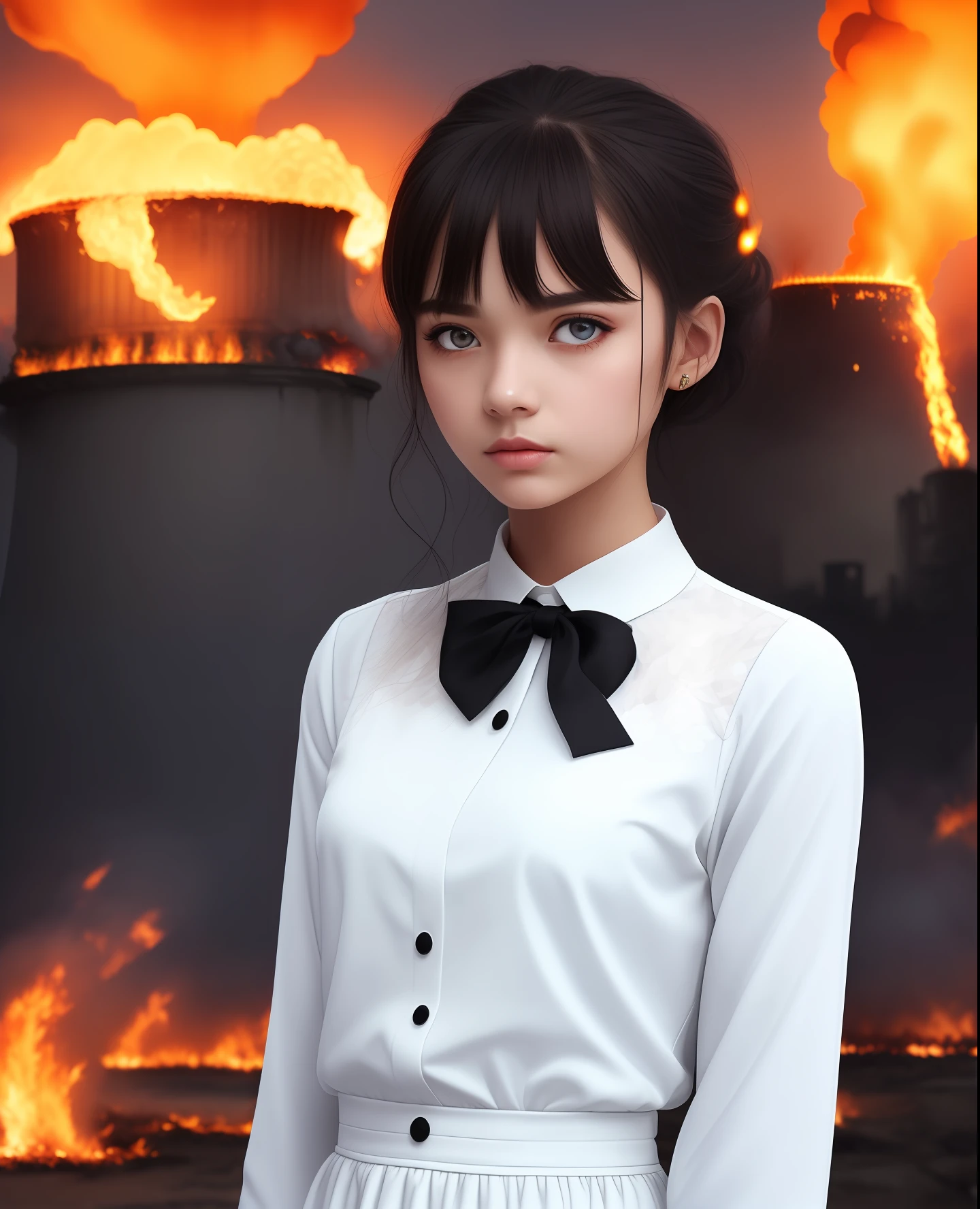 masterpiece,best quality, illustration,{beautiful detailed girl},beautiful detailed glow,(flames of war:1.2),(nuclear explosion behide:1.3),rain,detailed lighting,detailed water,(beautiful detailed eyes:1.1),expressionless,palace,azure hair,disheveled hair,long bangs,hairs between eyes,(whitegrey dress:1.1),black ribbon,white bowties,midriff,big forhead,blank stare,flower,long sleeves