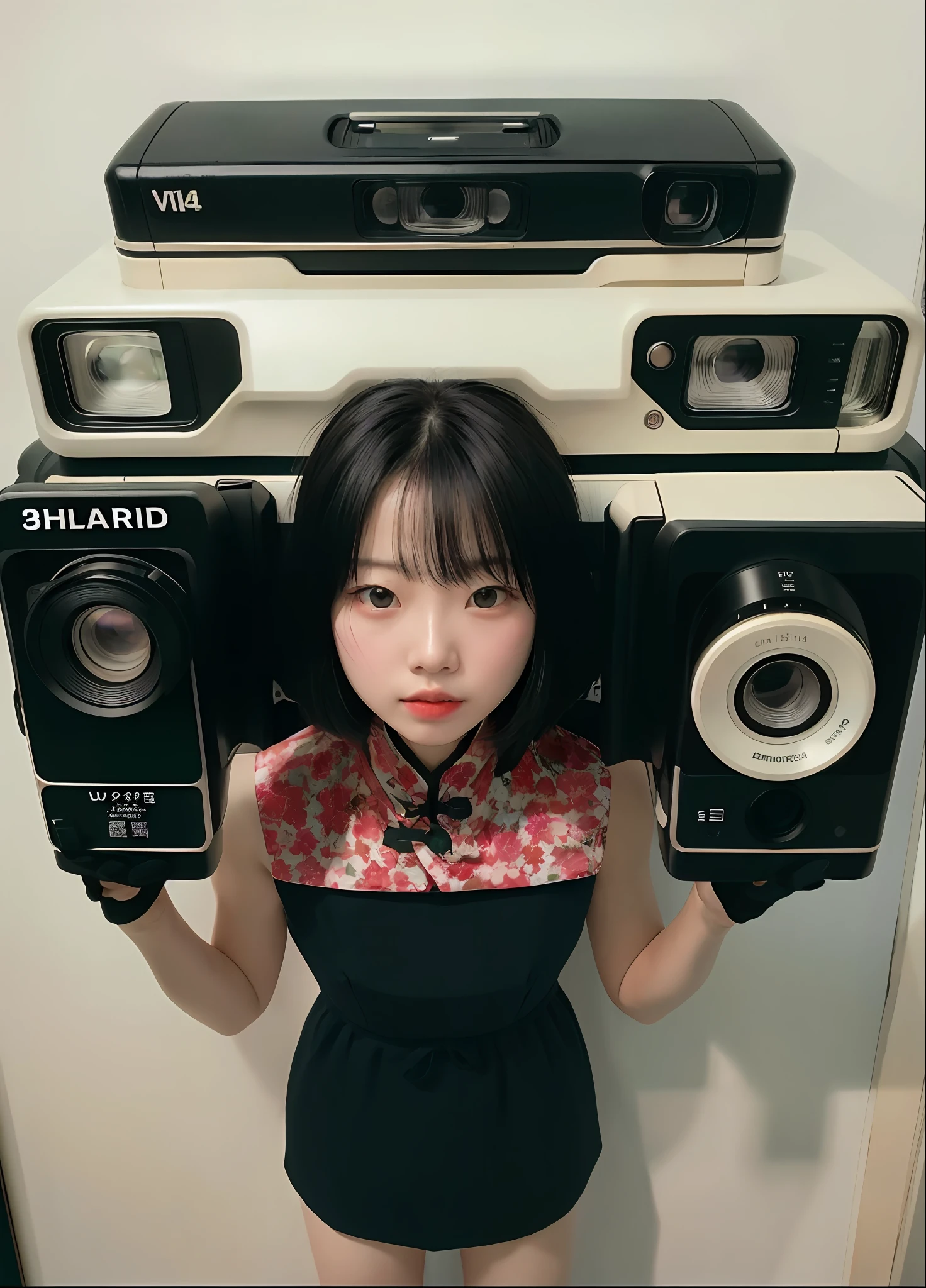 1 woman, black shorthair, china dress, movie still, 30mm lens, polaroid, analog photo, vhs, lomo, masterpiece, best quality, (film grain:1.1), ultra high res, RAW