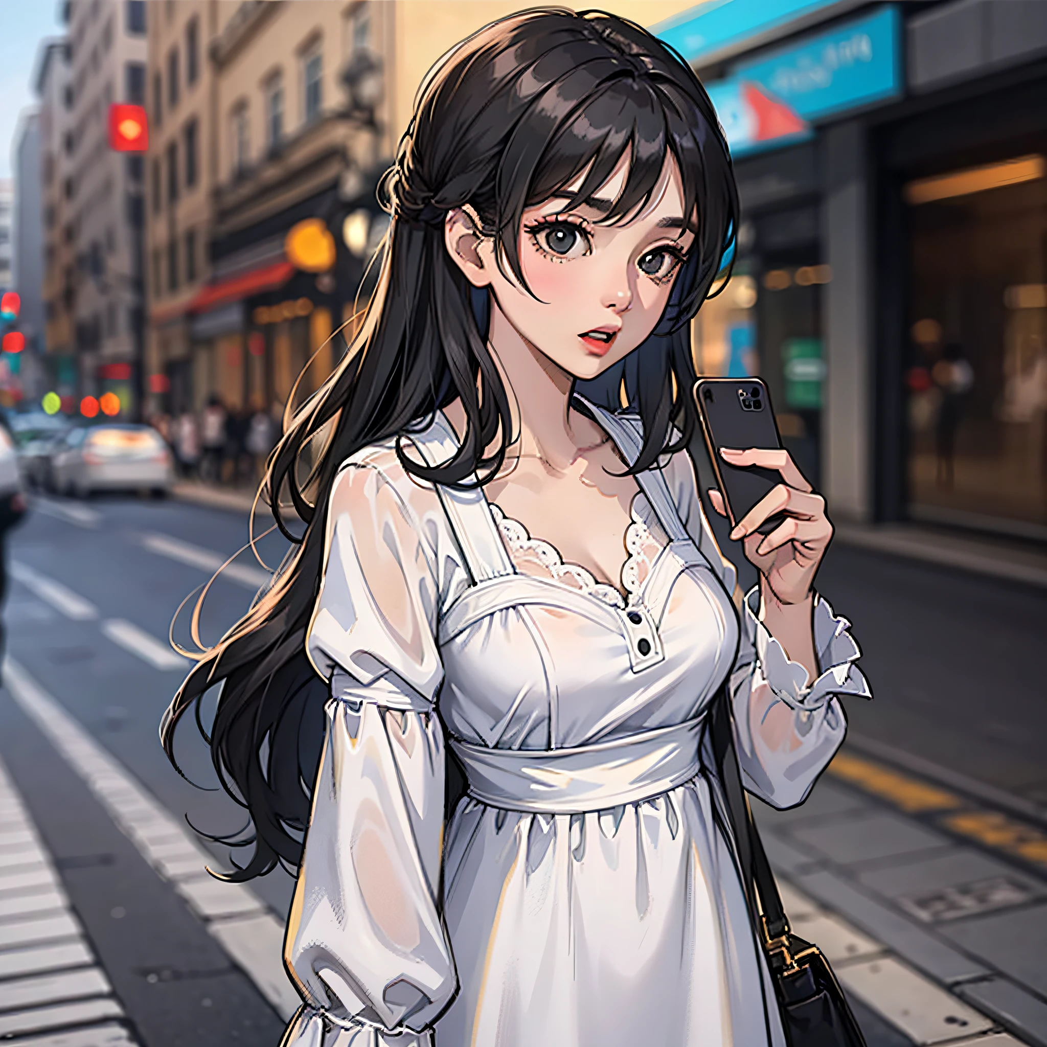 On the street, a woman in a white dress (long black hair), looking at her phone, with a surprised expression