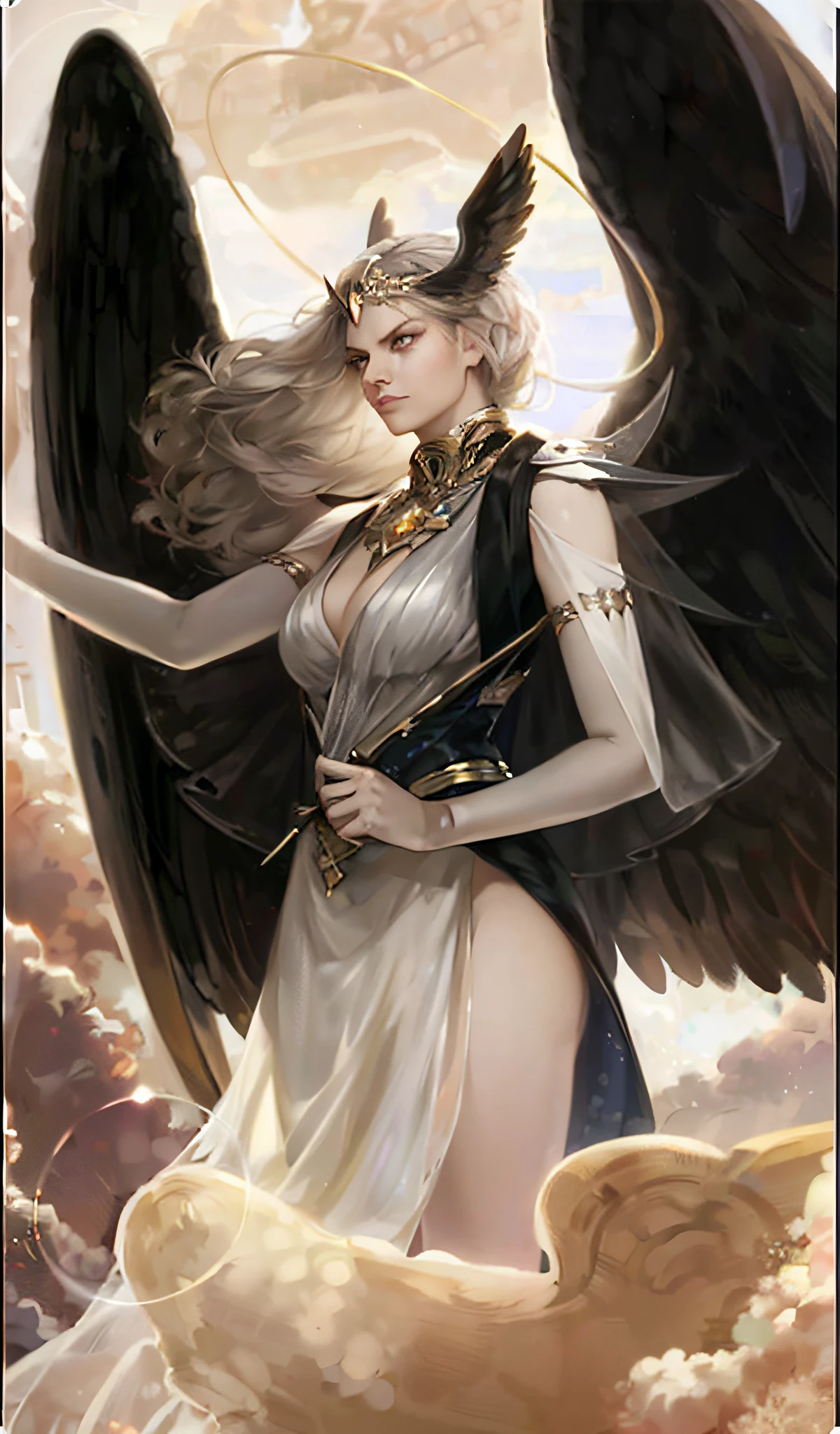 an image of a woman with wings and a sword in the sky, tall female angel, full - body majestic angel, as a mystical valkyrie, angel knight gothic girl, beautiful female angel, angel knight girl, by Yang J, portrait of a beautiful angel, goddess of anger, angel with black wings, of beautiful angel, style of artgerm, anime goddess