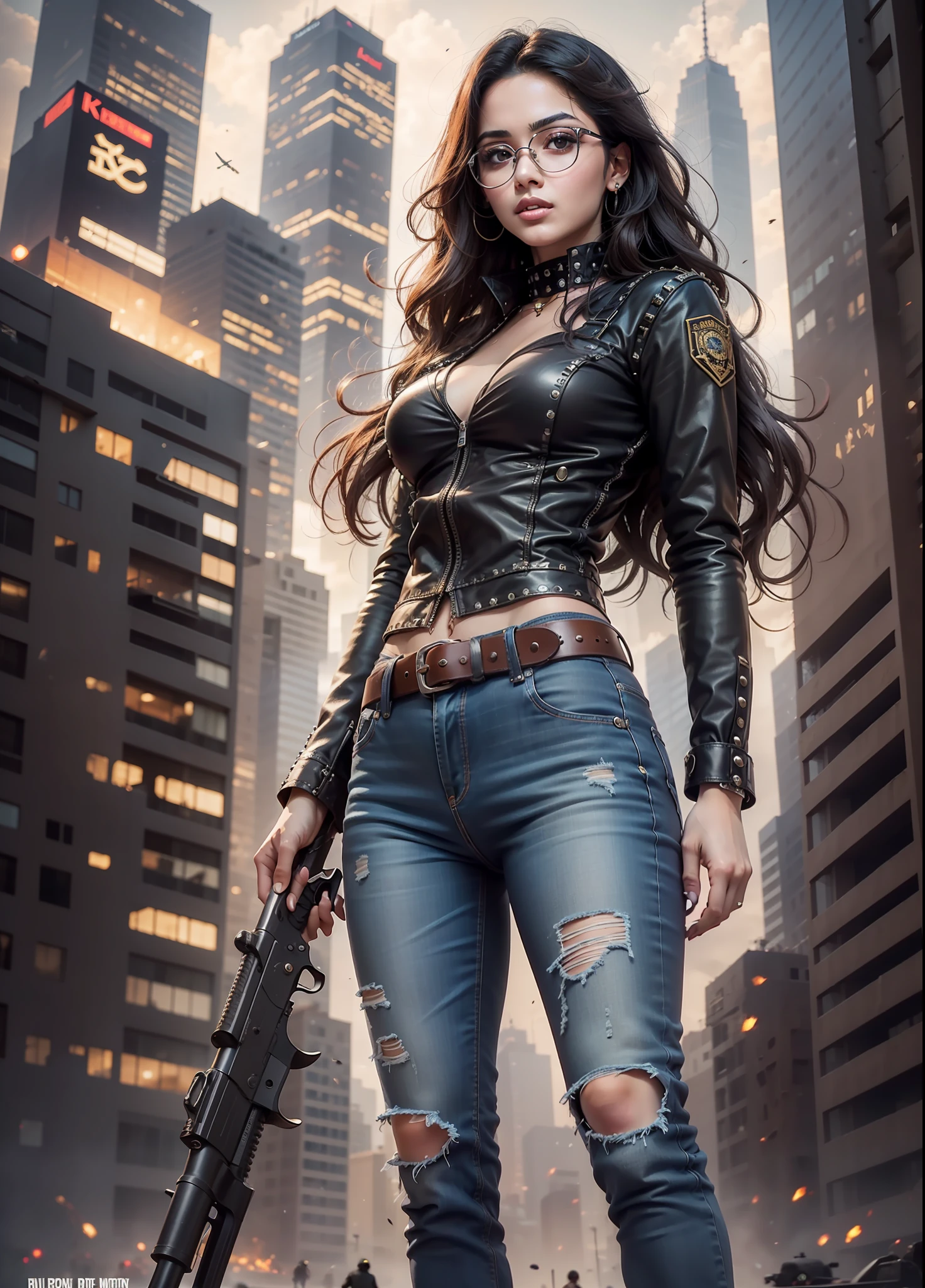 Arab movie poster, beautiful woman, medium dark long hair, senglasses, black jeans, belt, rivets, holster, with big gun in hand, rivets, explosions, city, skyscrapers, aliens invades, just one body