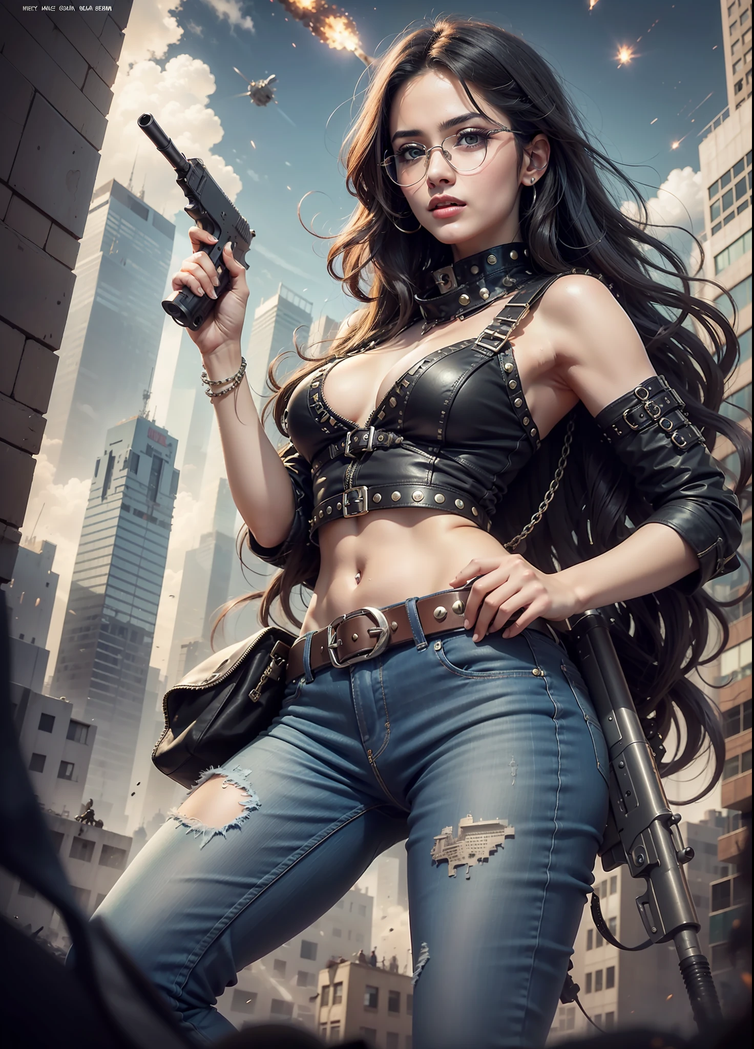 Arab movie poster, beautiful woman, medium dark long hair, senglasses, black jeans, belt, rivets, holster, with big gun in hand, rivets, explosions, city, skyscrapers, aliens invades, just one body